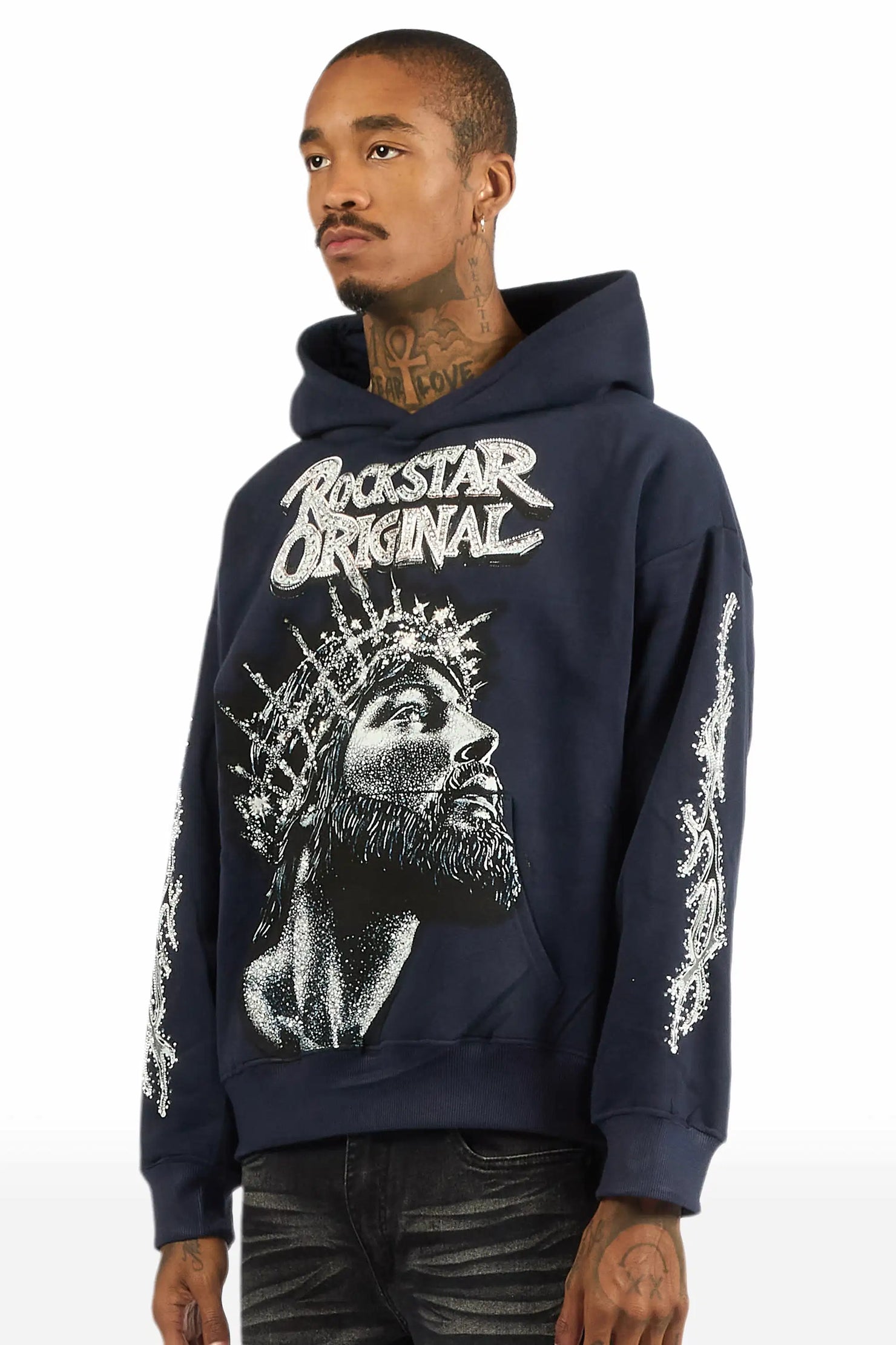 Darius Navy Rhinestone Oversized Hoodie
