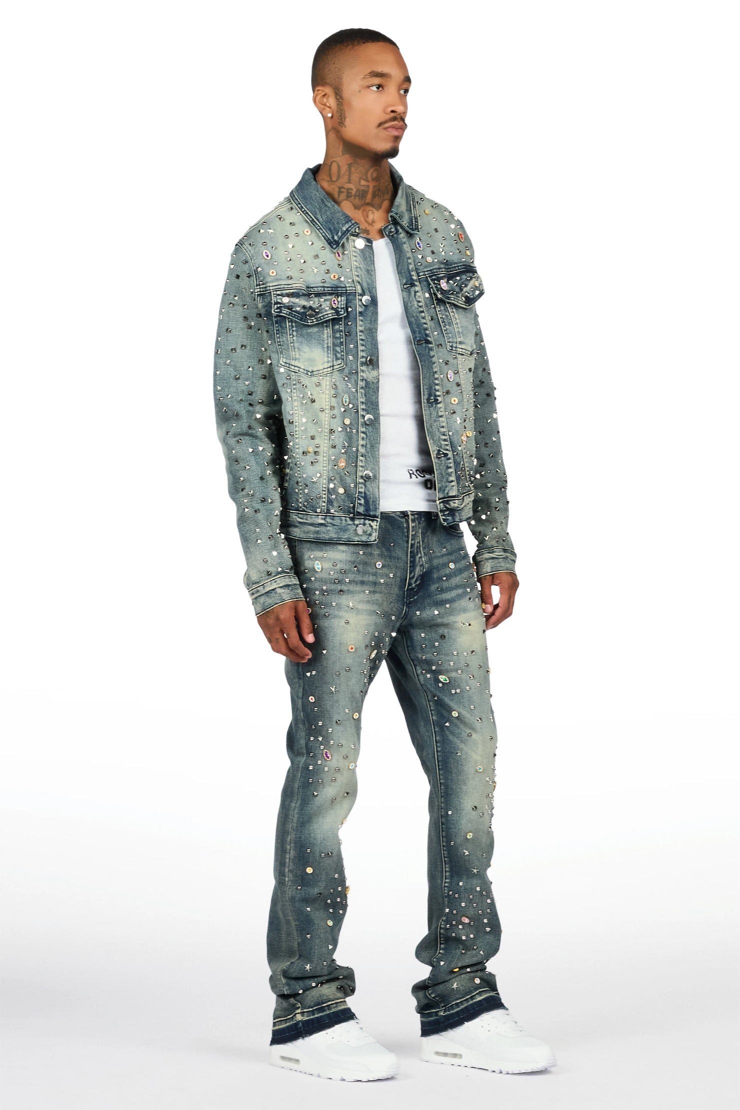 Norris Dark Blue Rhinestone Denim Jacket/Stacked Flare Jean Set