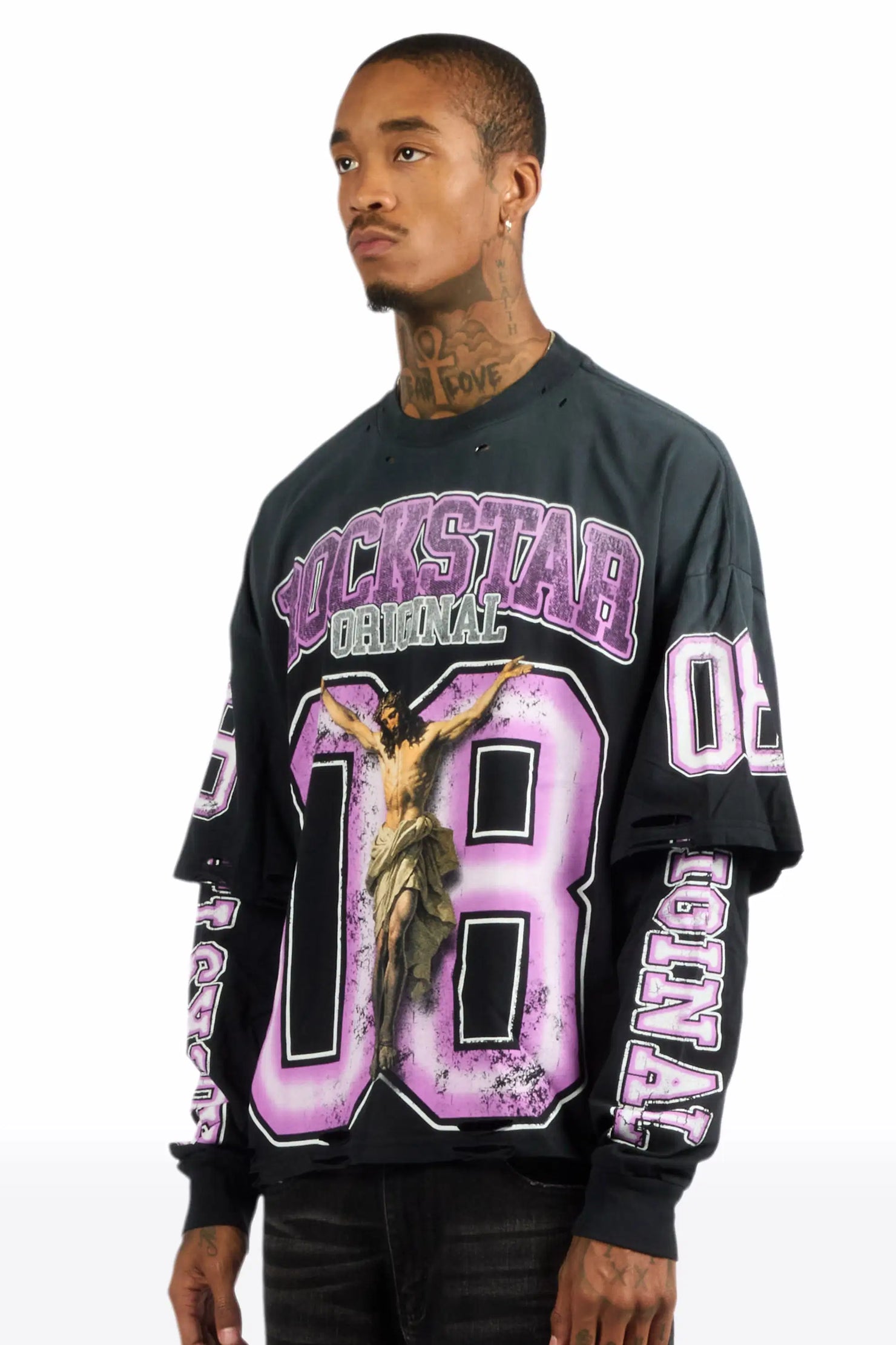 Fields Black/Purple Double Layer Long Sleeve Graphic T-Shirt