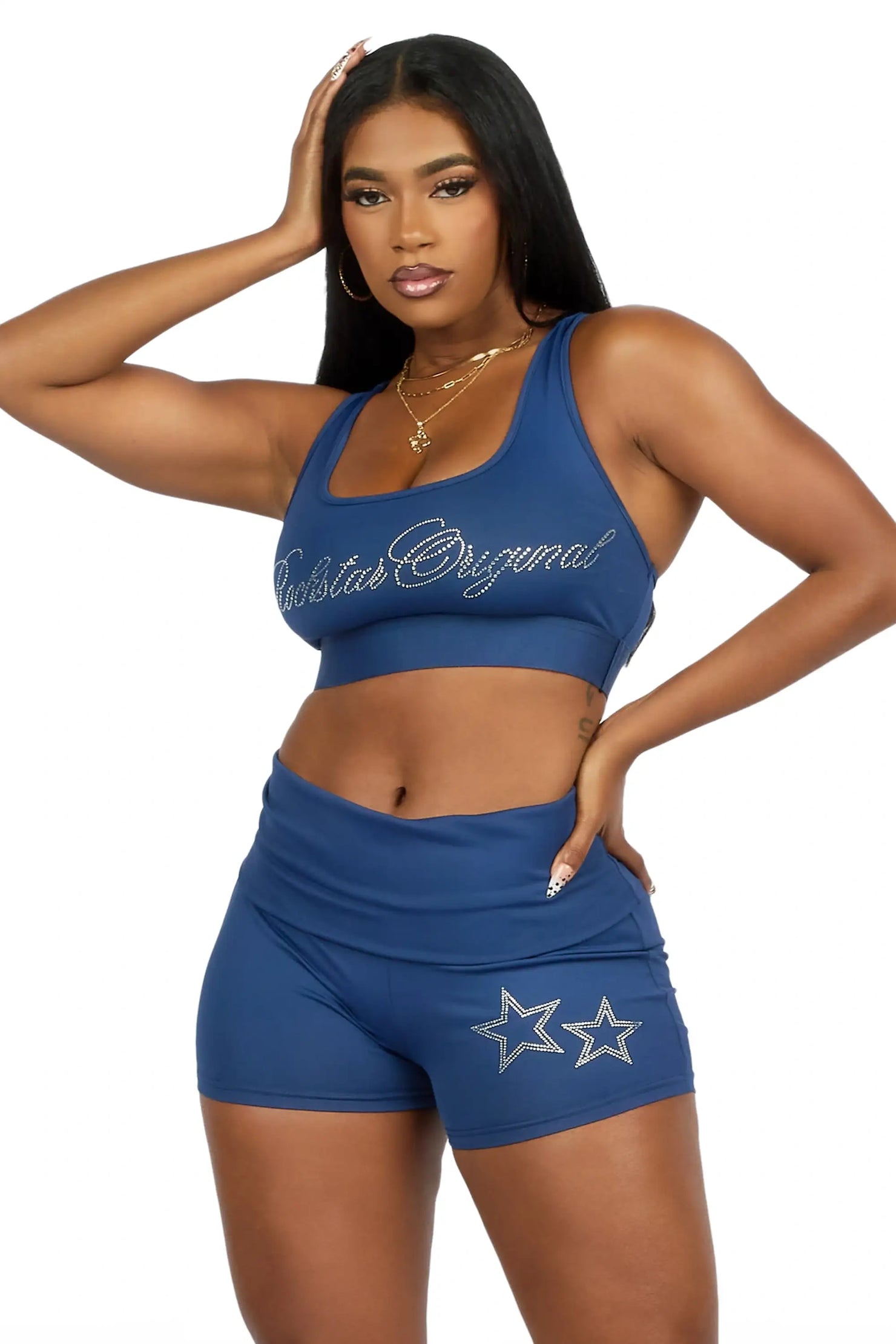 Arieona Navy Rhinestone Sports Bra Foldover Short Set