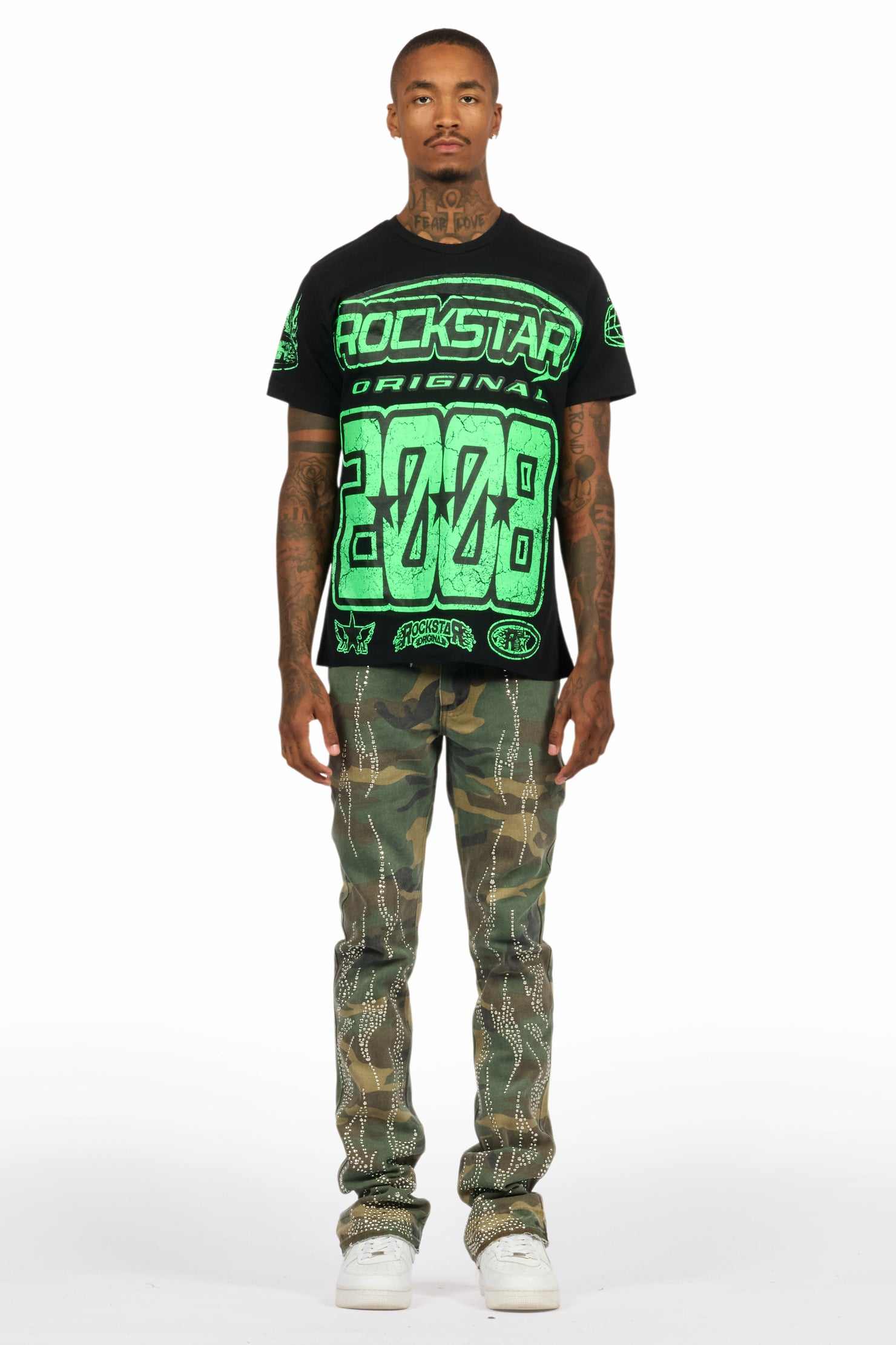 Tachi Camo Rhinestone Stacked Flare Jean