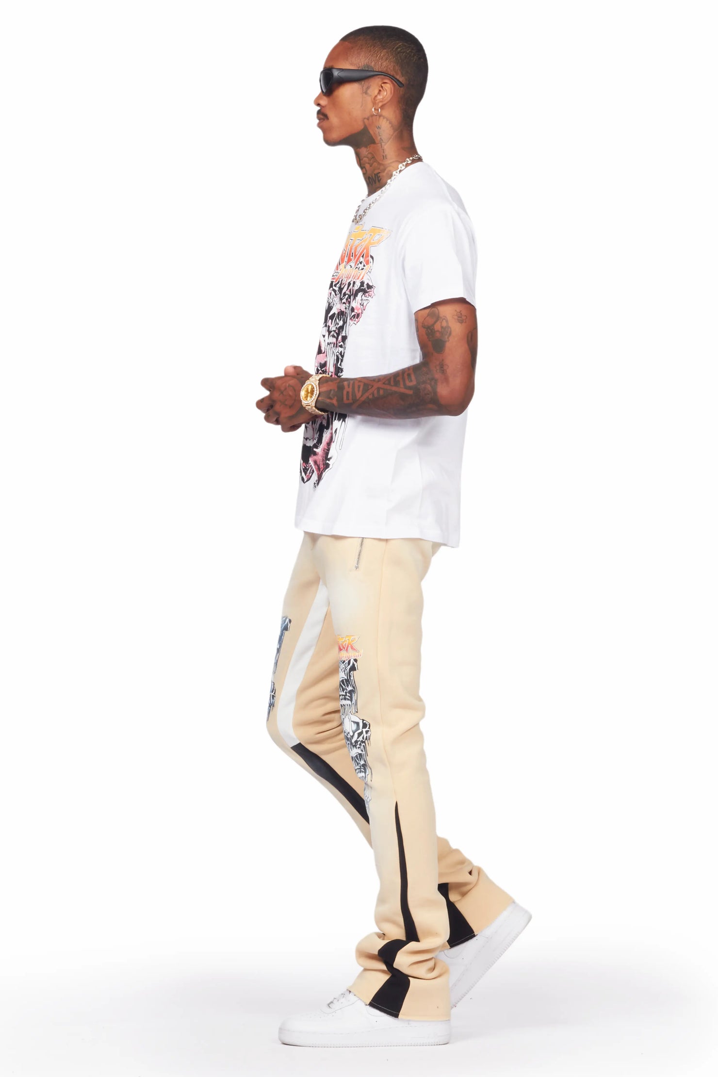 Grady White/Beige T-Shirt/Stacked Flare Track Set