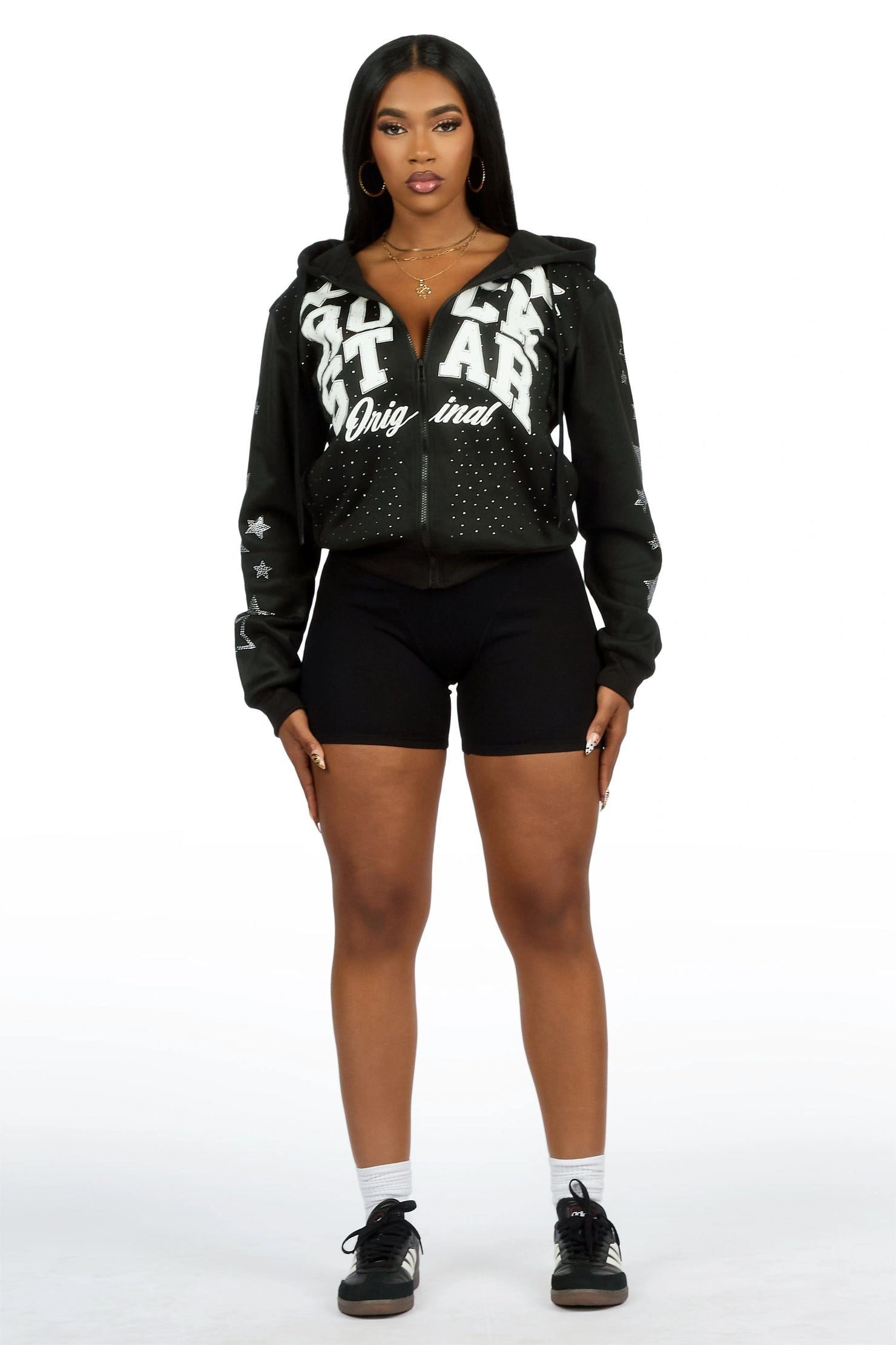 Flaveya Black Rhinestone Zip Up Hoodie
