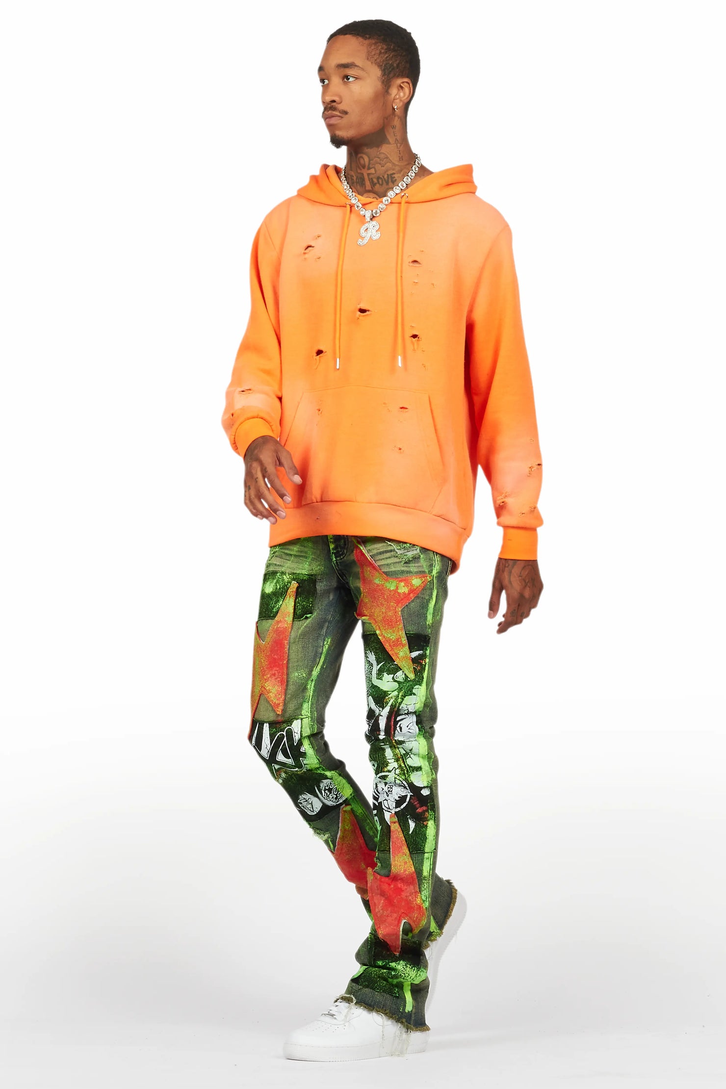 Valko Blue/Green Roller Paint Stacked Flare Jean