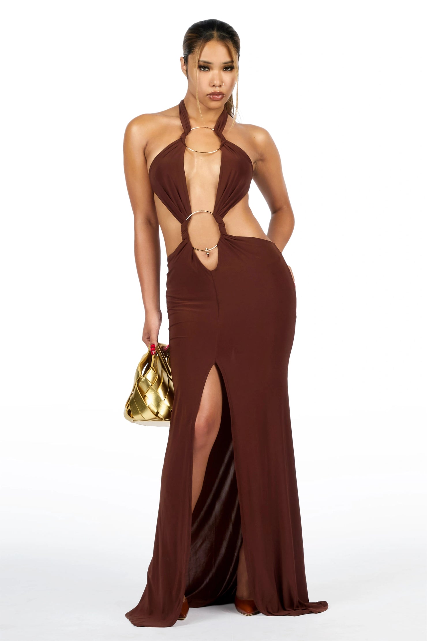 Two-Ring Chocolate Maxi Cut-Out Dress