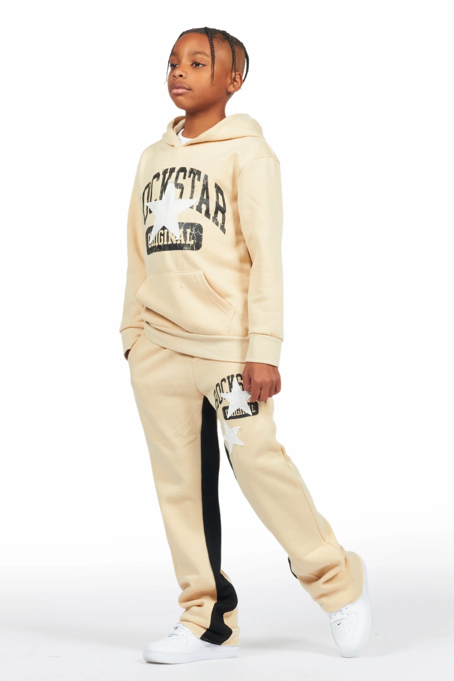 Boys Mallor Beige/White Baggy Stacked Hoodie Track Set