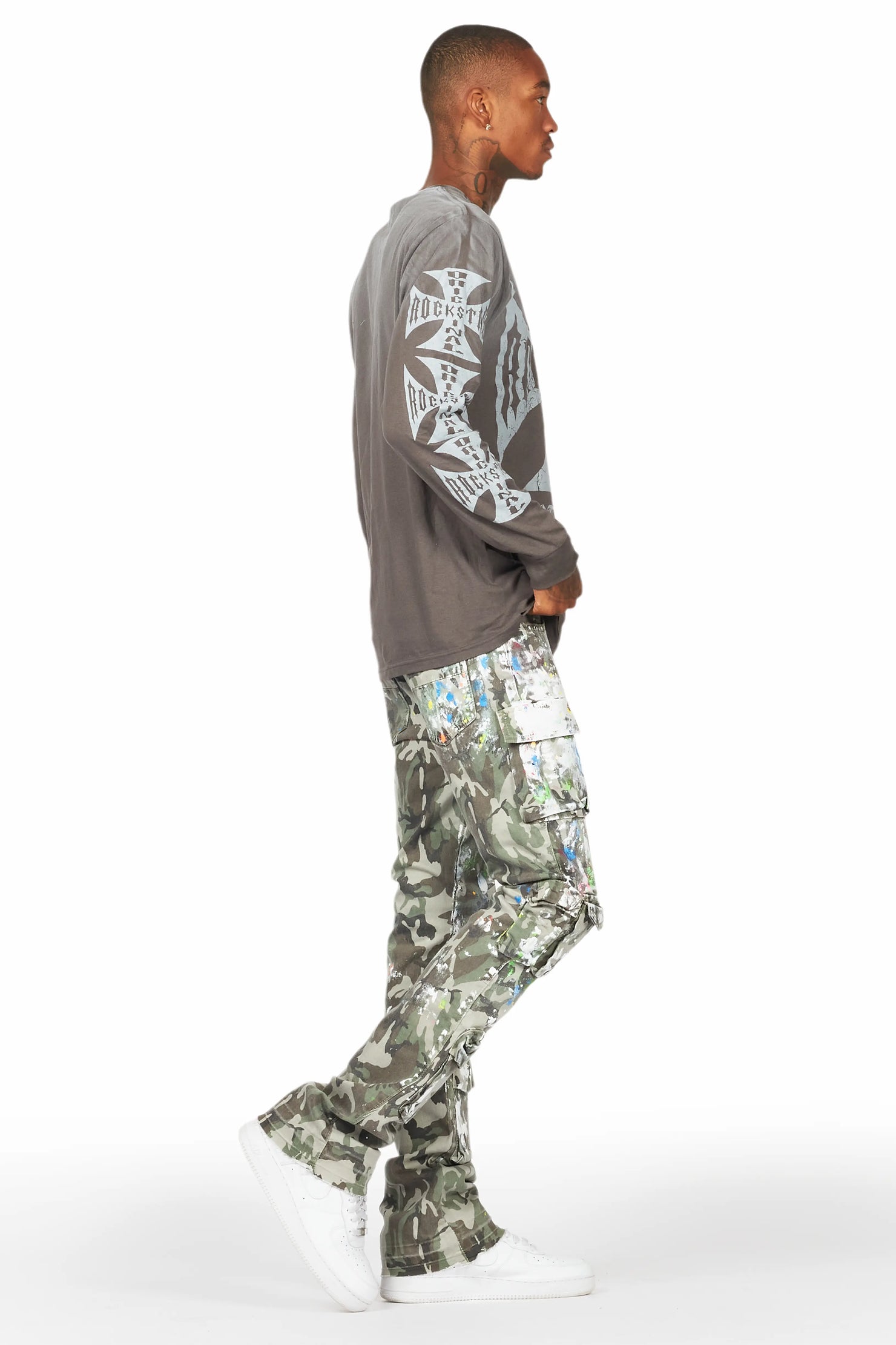 Callias Green Camo Painter Stacked Flare Jean