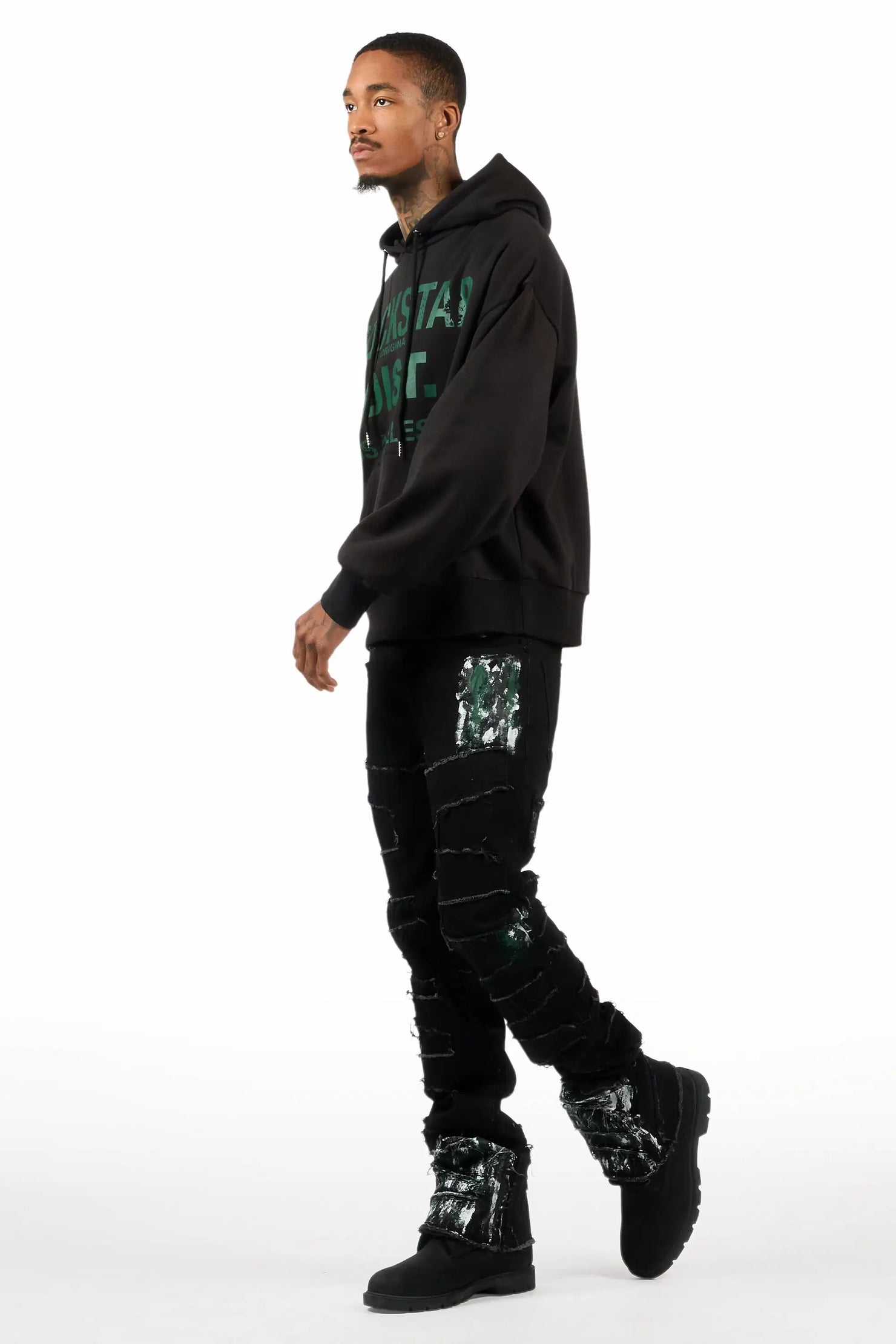 Saxon Black/Green Hoodie/Stacked Flare Jean Set