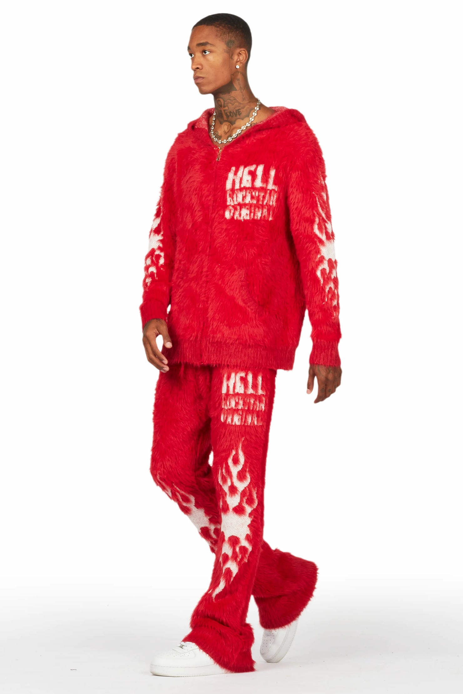 Toshio Red Stacked Flare Knitted Mohair Track Set