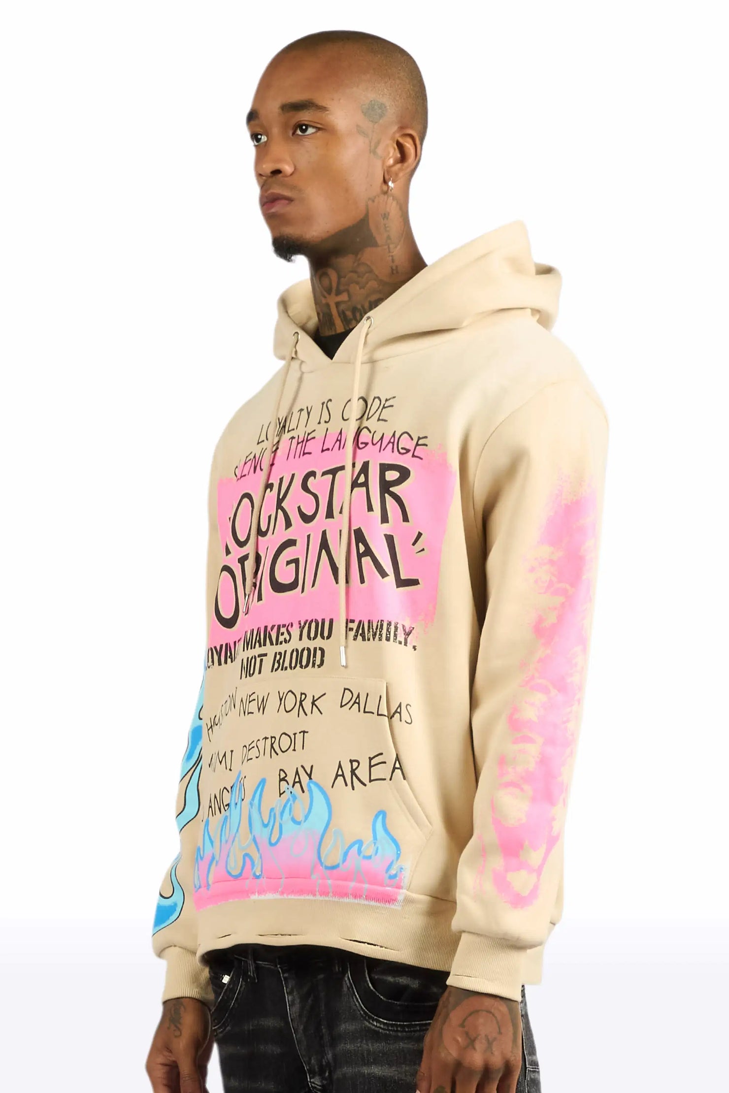 Beno Beige Distressed Graphic Relaxed Hoodie