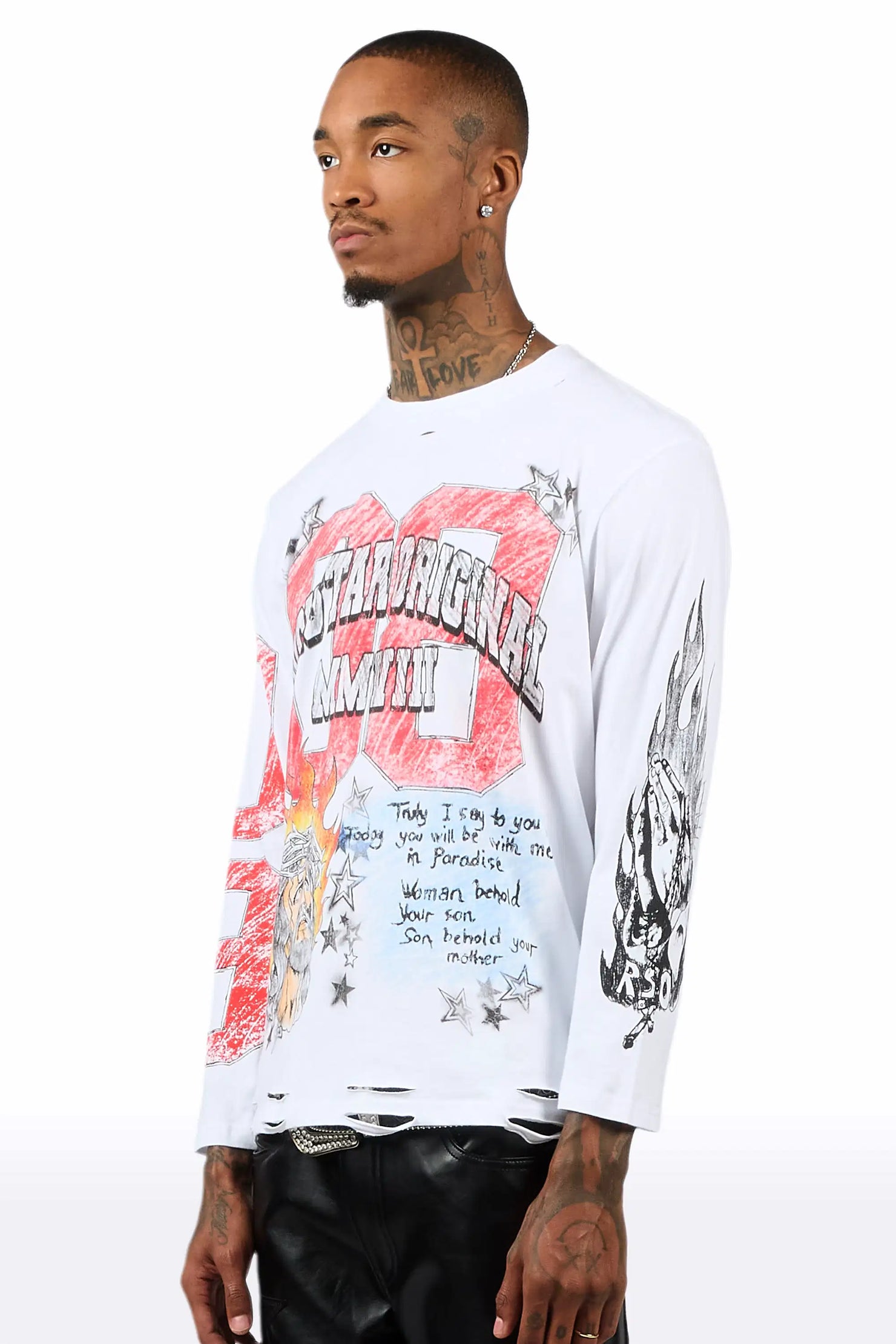Jesus Crayon White Long Sleeve Graphic T-Shirt