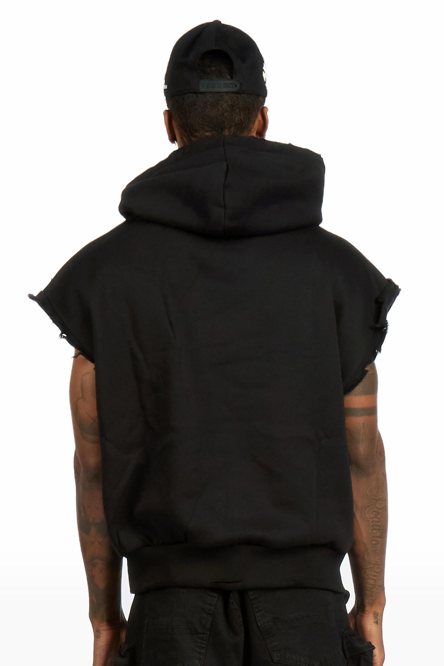 Styxx  Black Graphic Distressed Cut Sleeve Hoodie