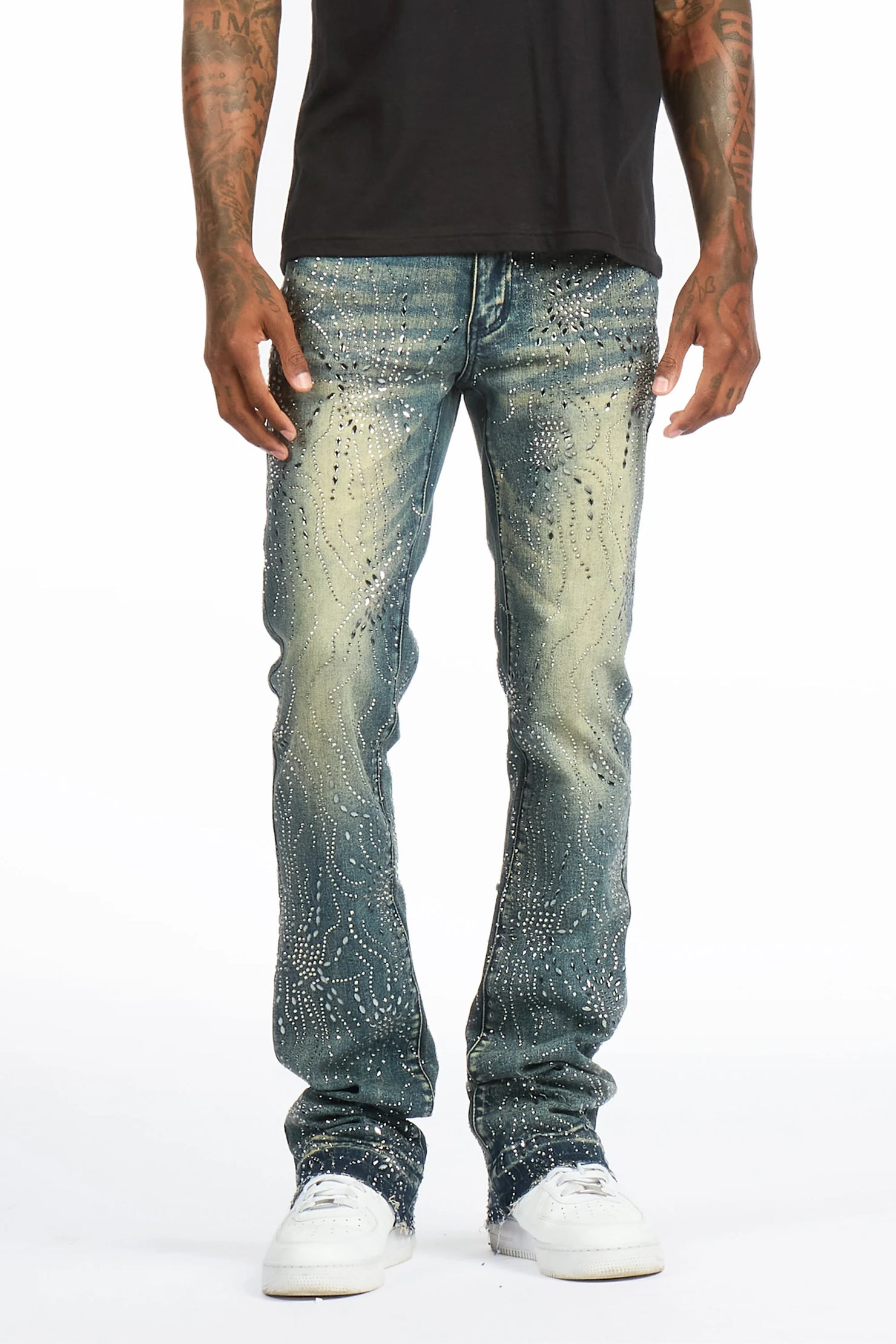 Izai Dark Blue Rhinestone Stacked Fit Jean