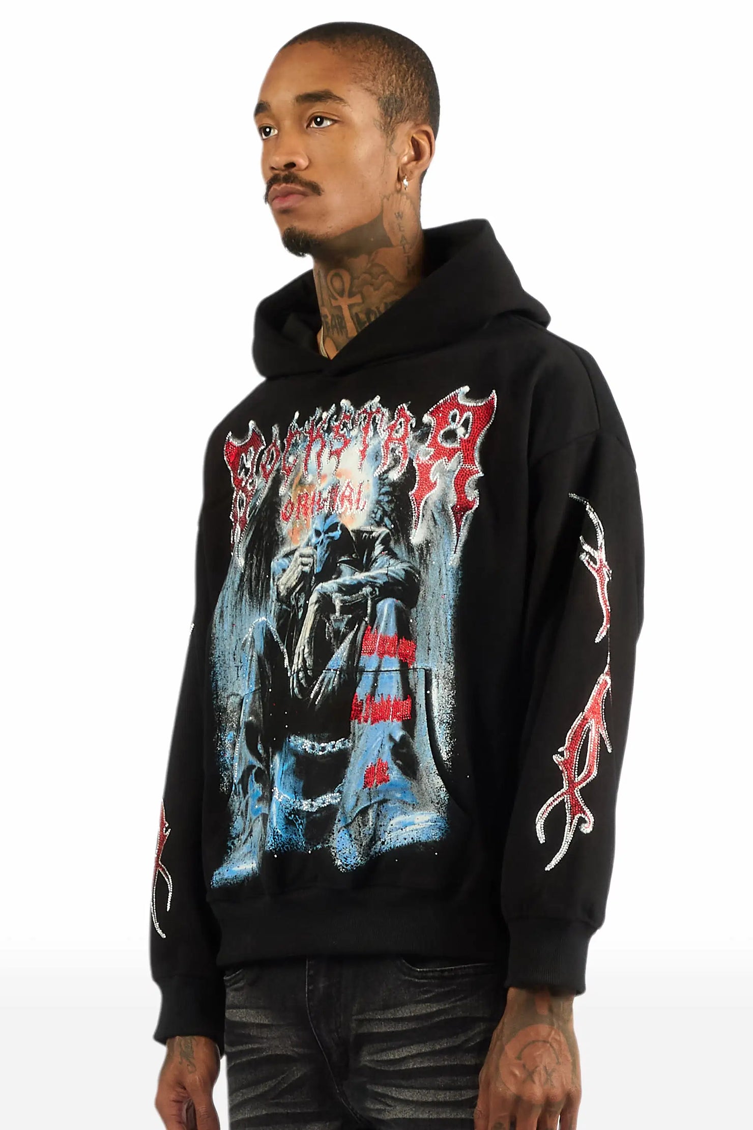 Krowne Black Rhinestone Oversized Hoodie