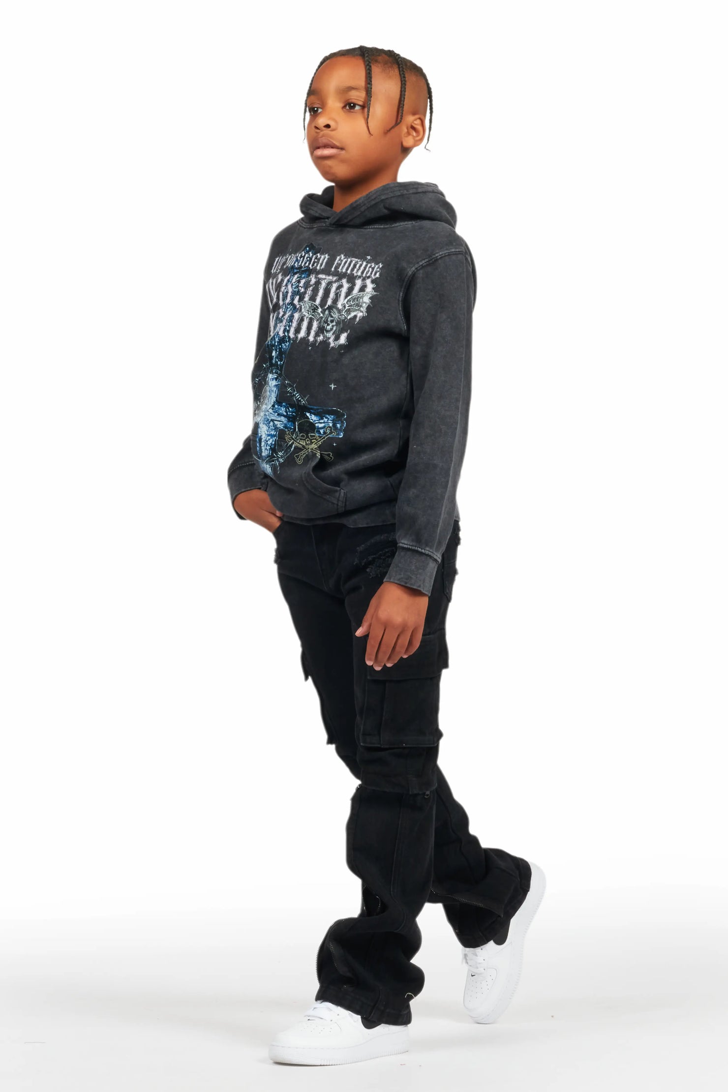 Boys Hagan Vintage Black Hoodie/Stacked Flare Jean Set