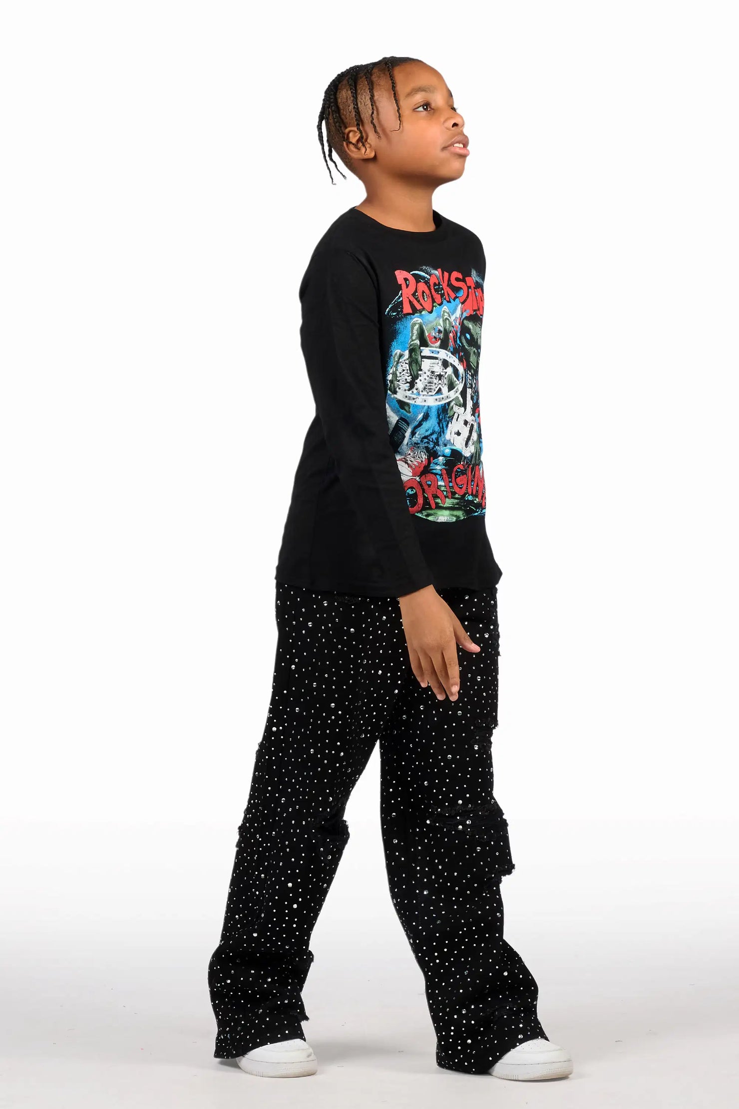Boys Discolite Jet Black Rhinestone Baggy Jean