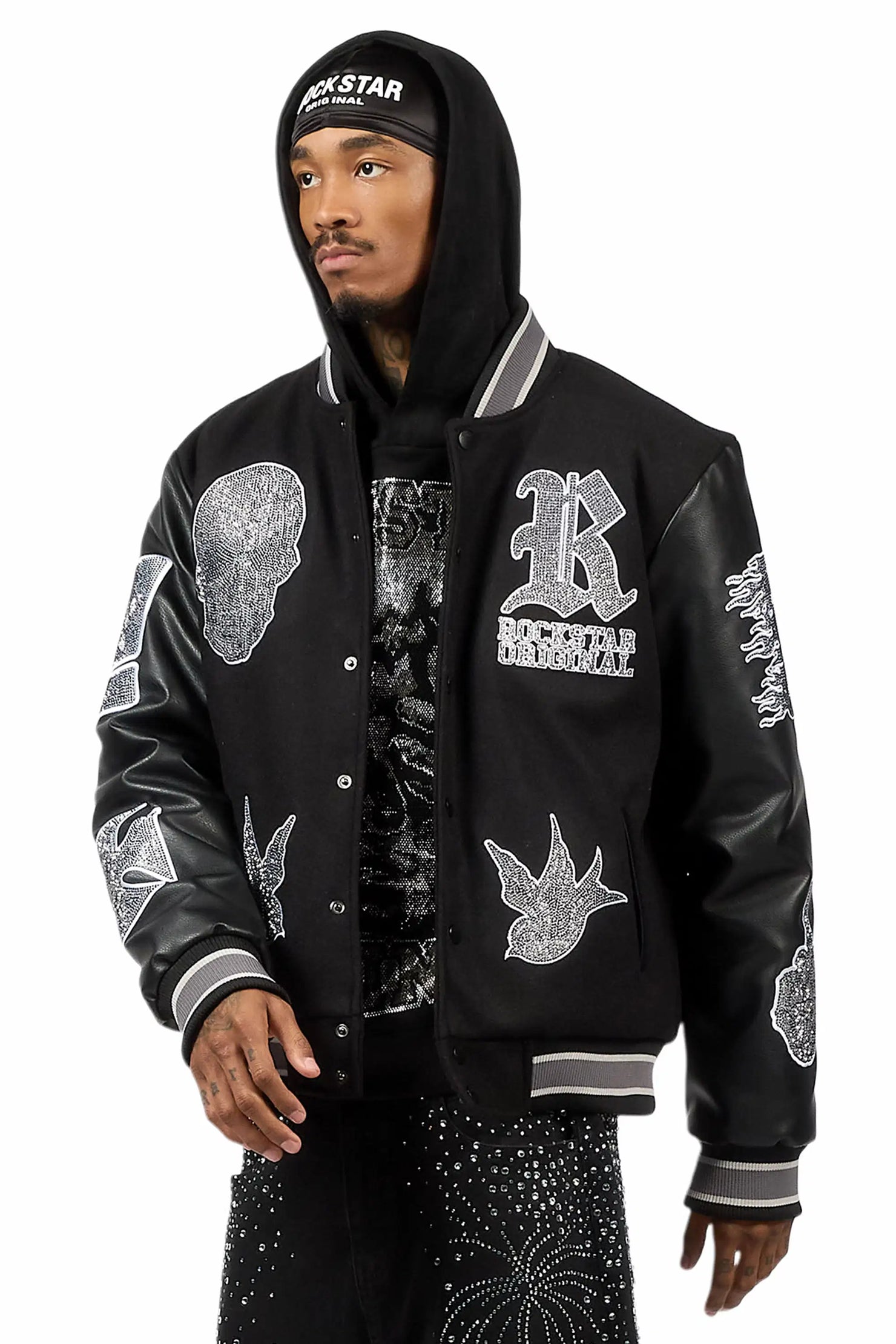 Vidar Black Rhinestone Varsity Jacket