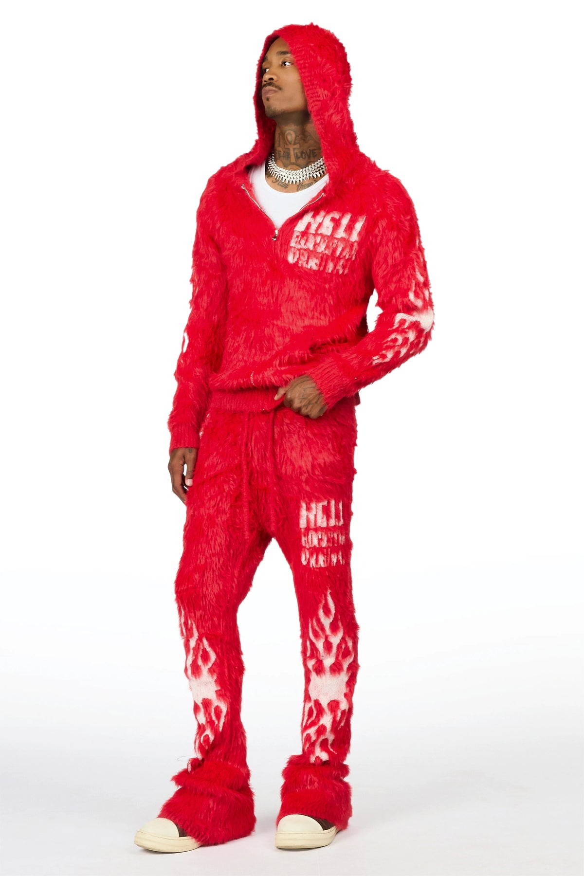 Toshio Red Stacked Flare Knitted Mohair Track Set