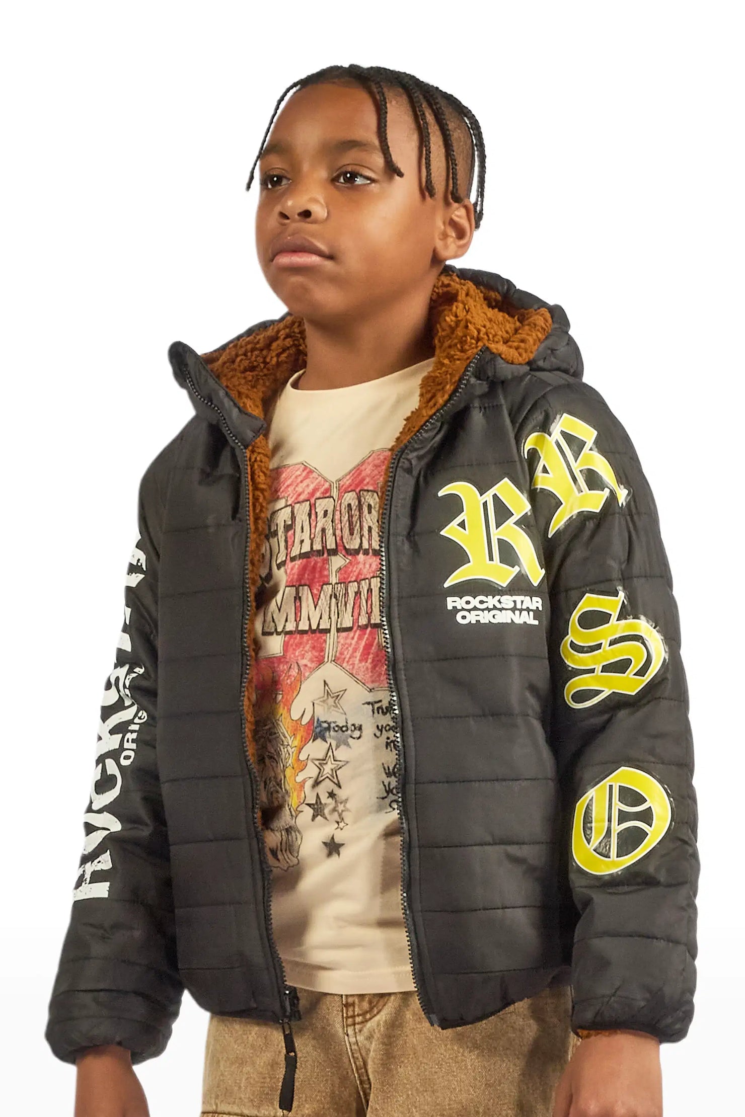 Boys Daegan Black/Brown Reversible Fur Puffer Jacket