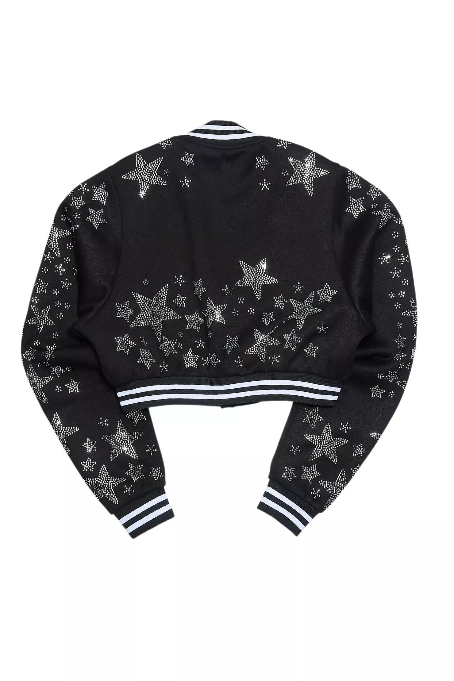 Shanda Black Crop Rhinestone Varsity Jacket