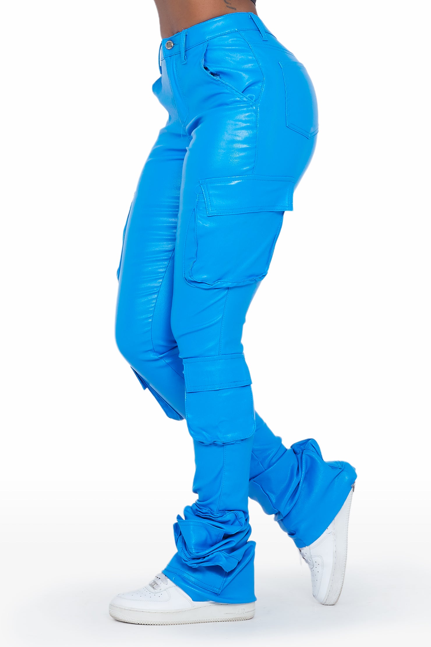 Miracle Metallic Blue PU Cargo Super Stacked Pant