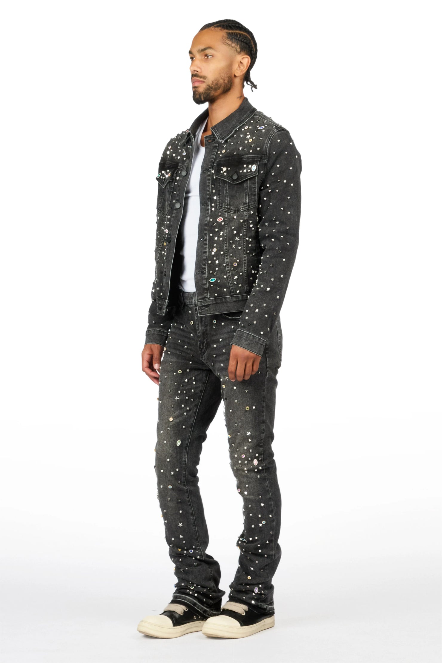 Norris Jet Black Rhinestone Denim Jacket/Stacked Flare Jean Set