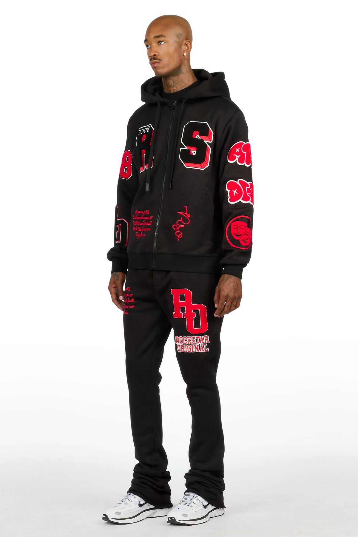 Leslaw Black/Red Zip Up Hoodie Stacked Track Set