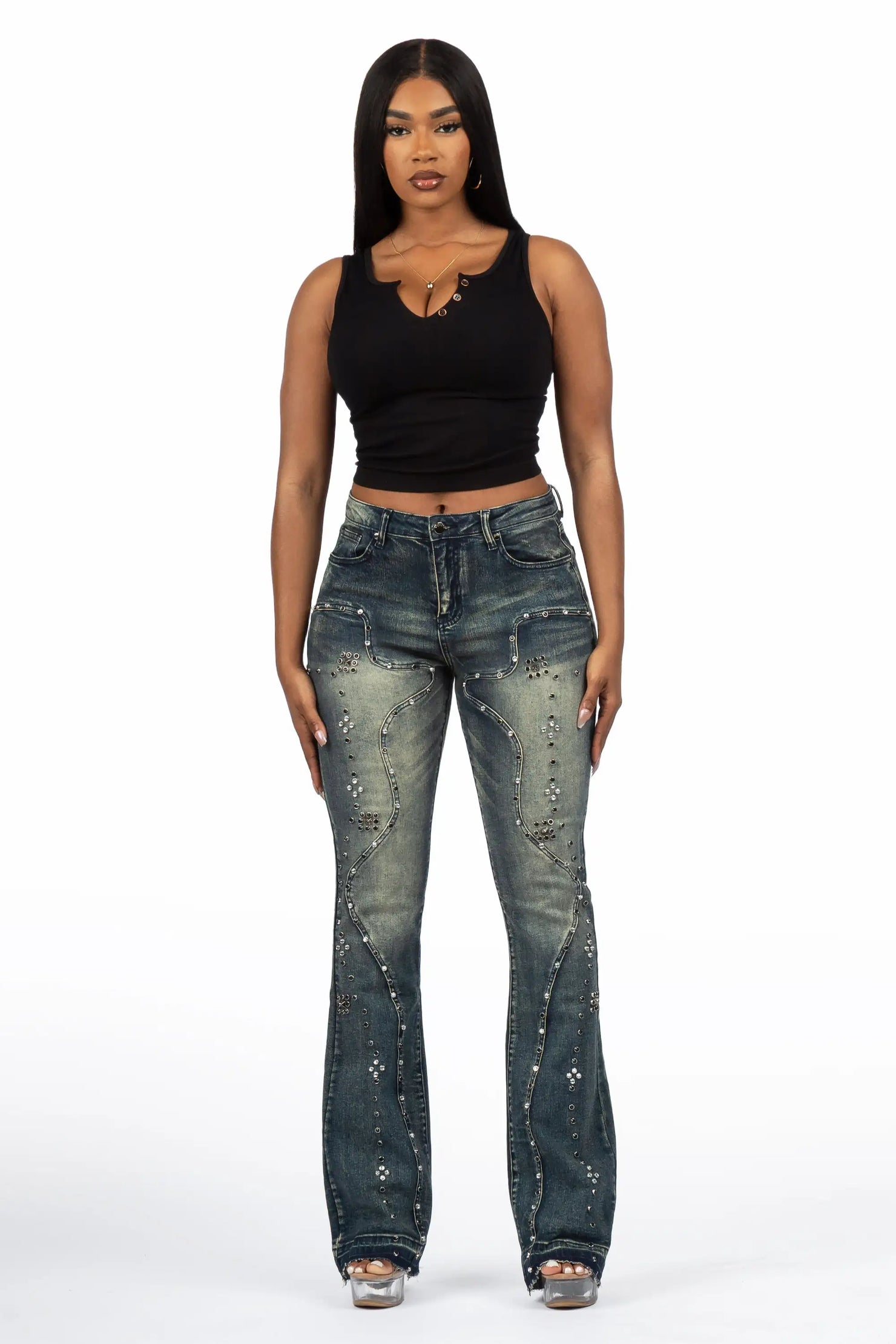 Inesia Tinted Wash Studded Stacked Flare Jean