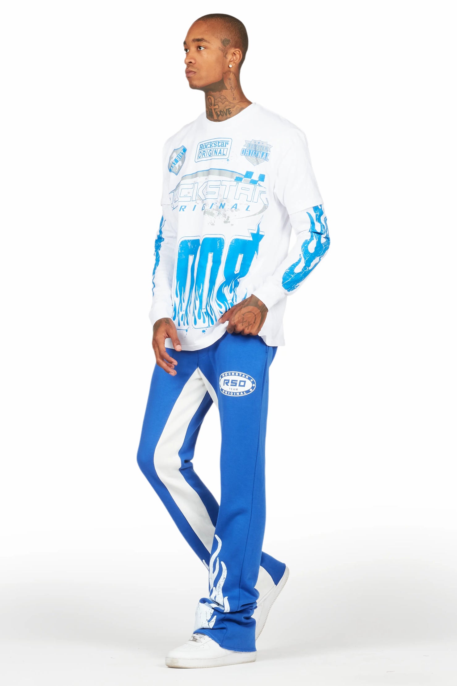 Amos White/Royal Double Layer T-Shirt/Stacked Baggy Pant Set