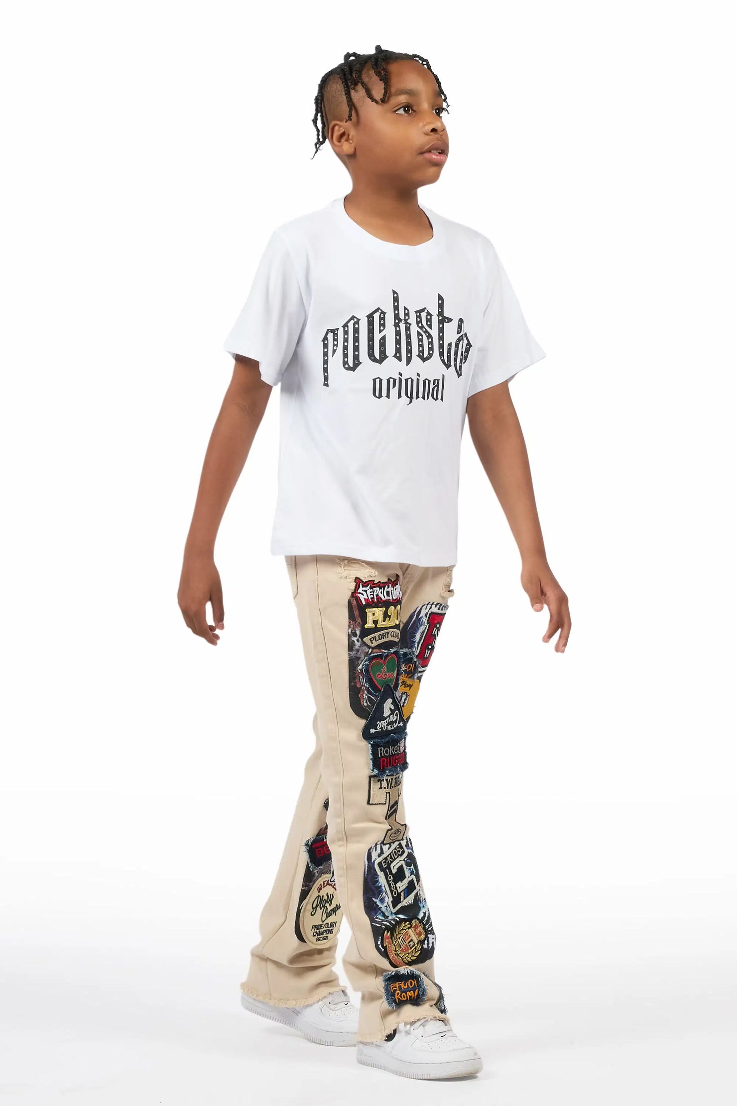 Boys Espen Beige Stacked Flare Jean