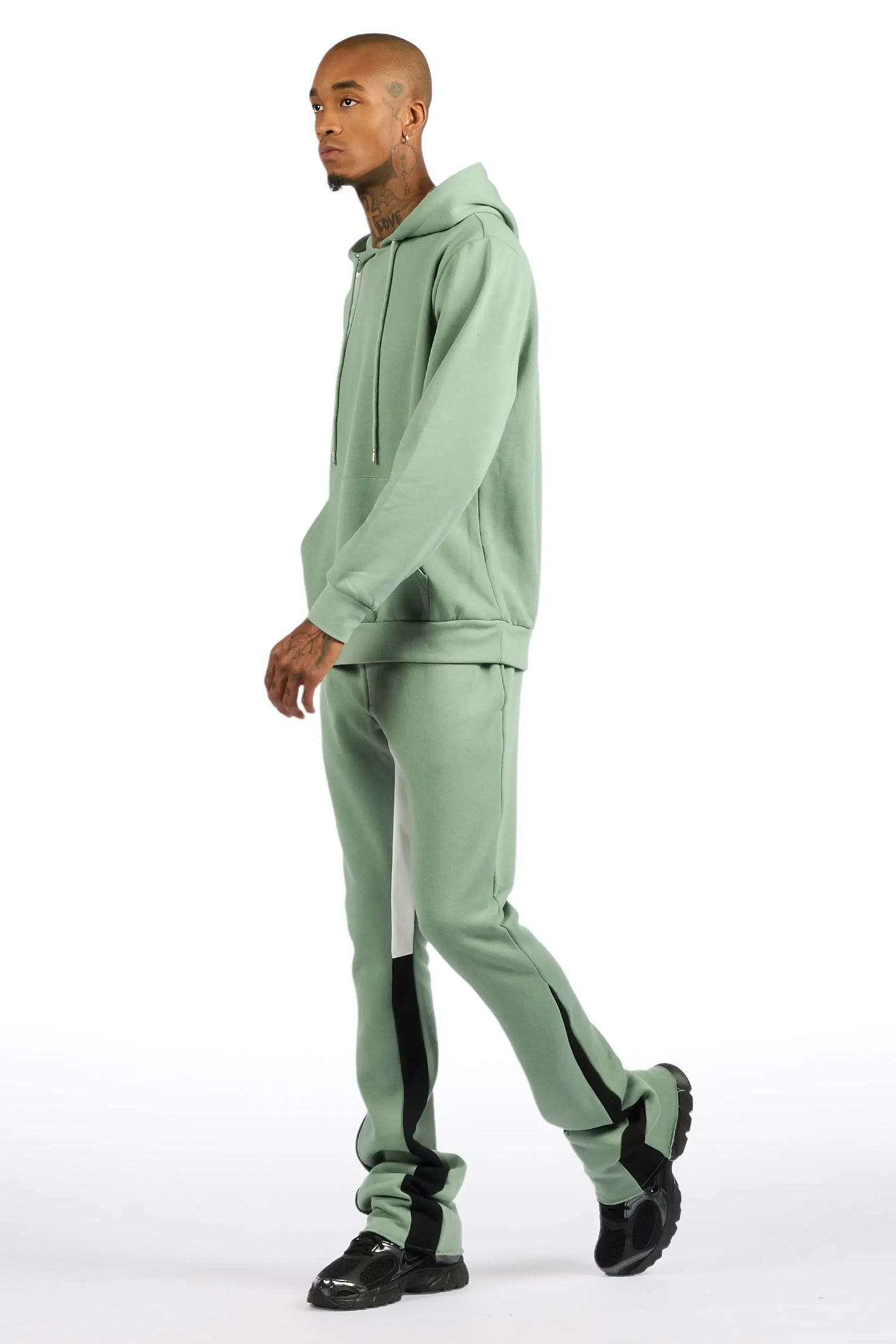Basic Sage/Black Hoodie/Stacked Flare Track Set