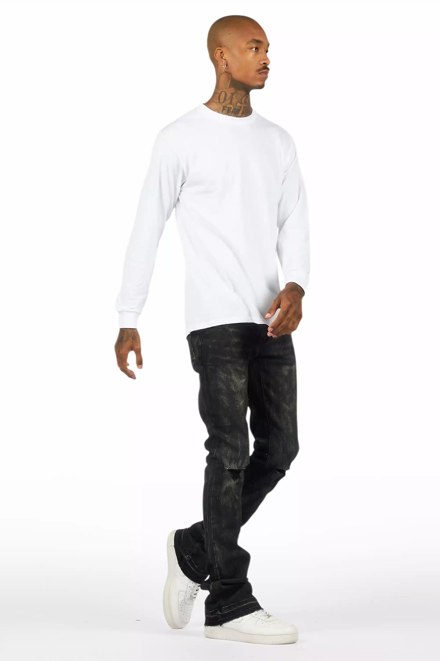 Inkspill Grey Oil Wash Stacked Flare Jean