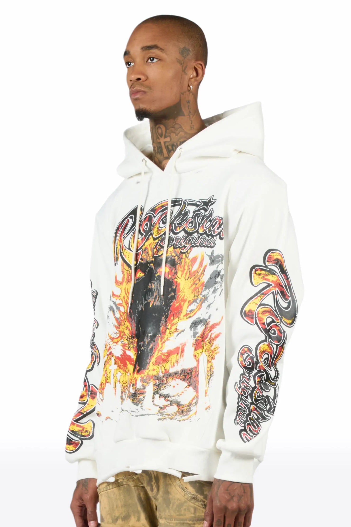 Flamer White Distressed Graphic Relaxed Hoodie