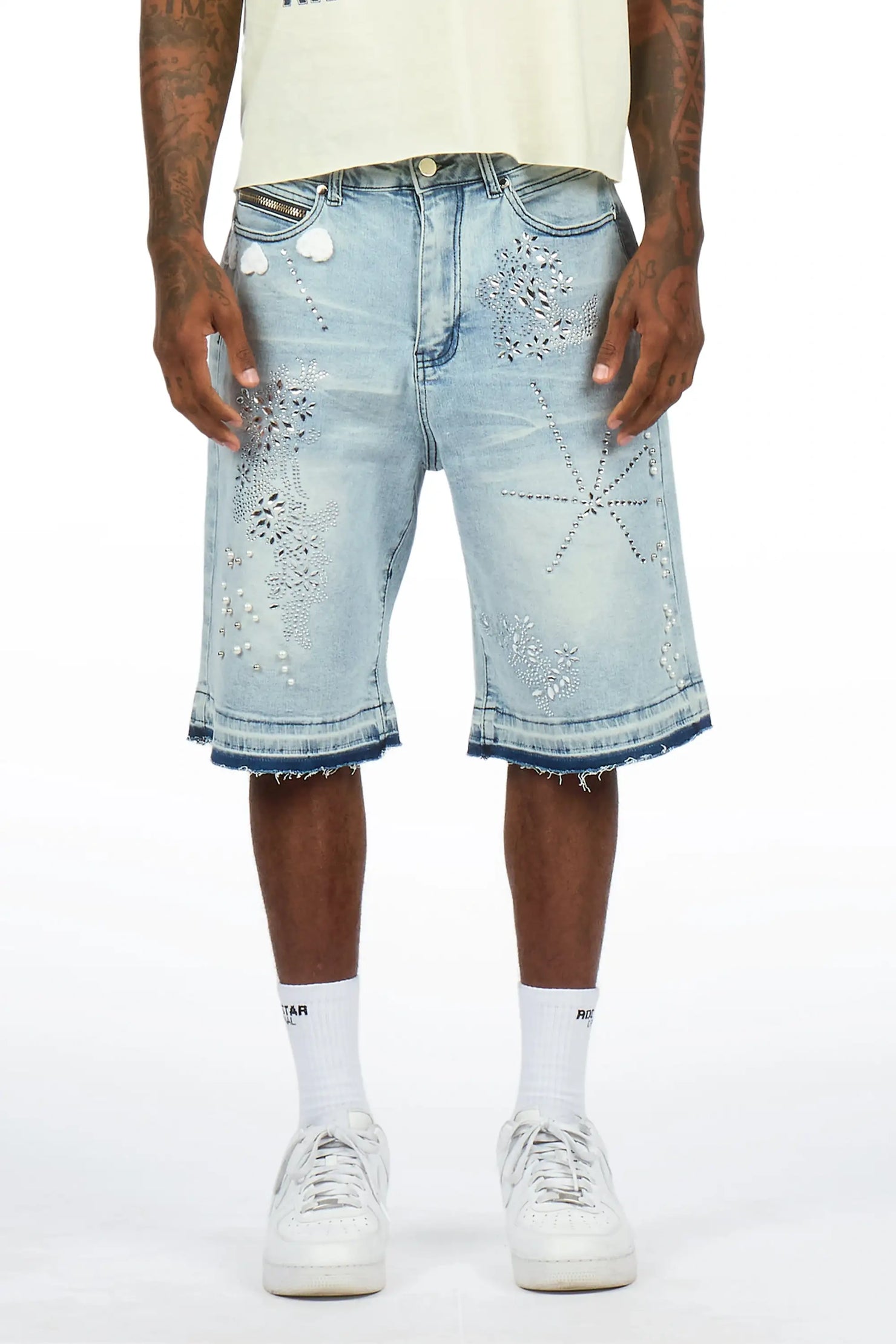 Rael Light Blue Rhinestone Denim Short
