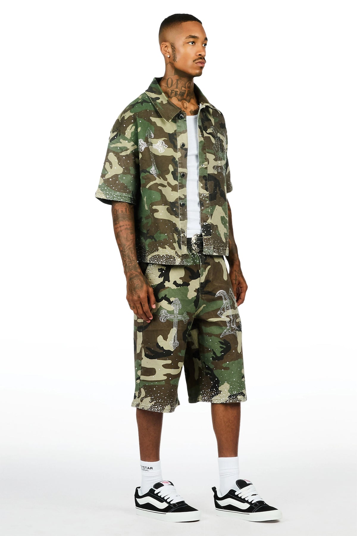 Clemente Camo Rhinestone Button Down Shirt Jort Set