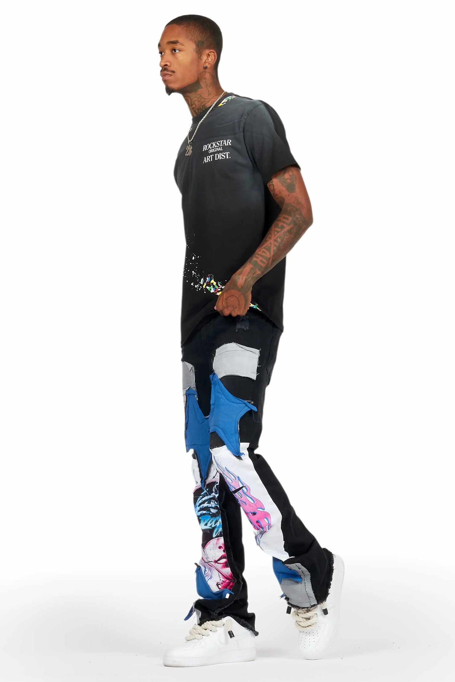 Helios Dark Grey Patchwork Stacked Flare Jean