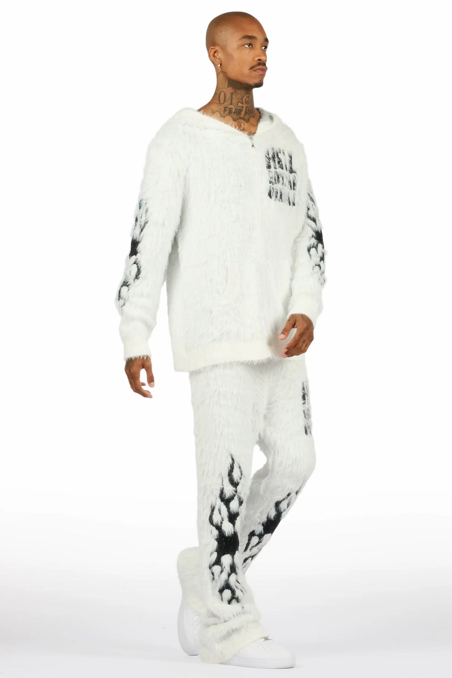 Toshio White Stacked Flare Knitted Mohair Track Set