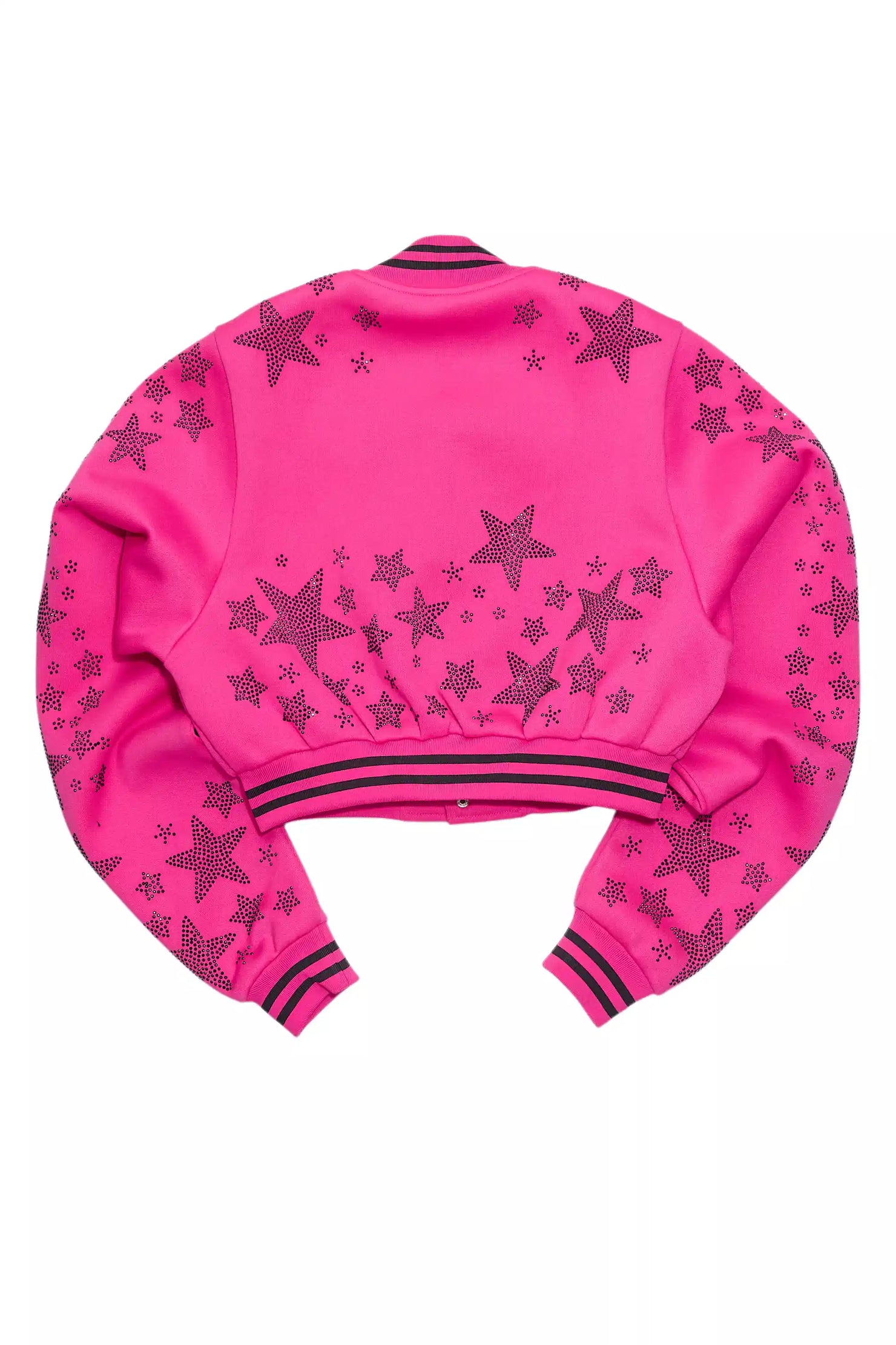Shanda Hot Pink Crop Rhinestone Varsity Jacket