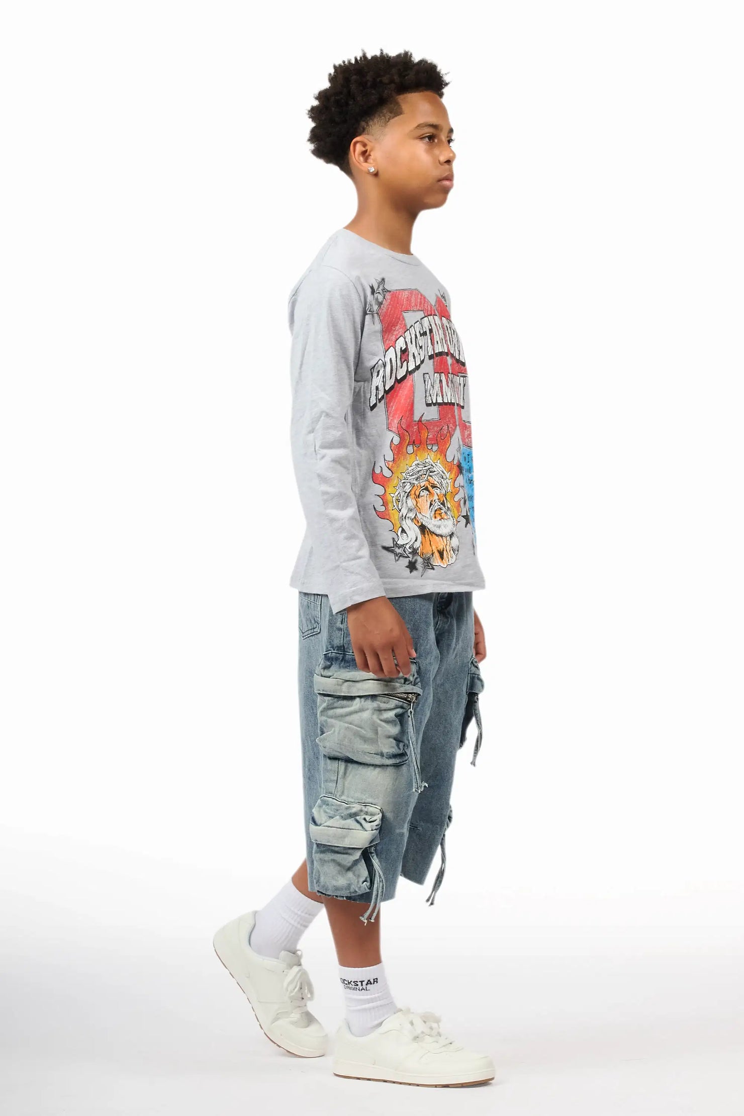 Boys Jesus Crayon Grey/Blue Long Sleeve T-Shirt/Denim Short Set