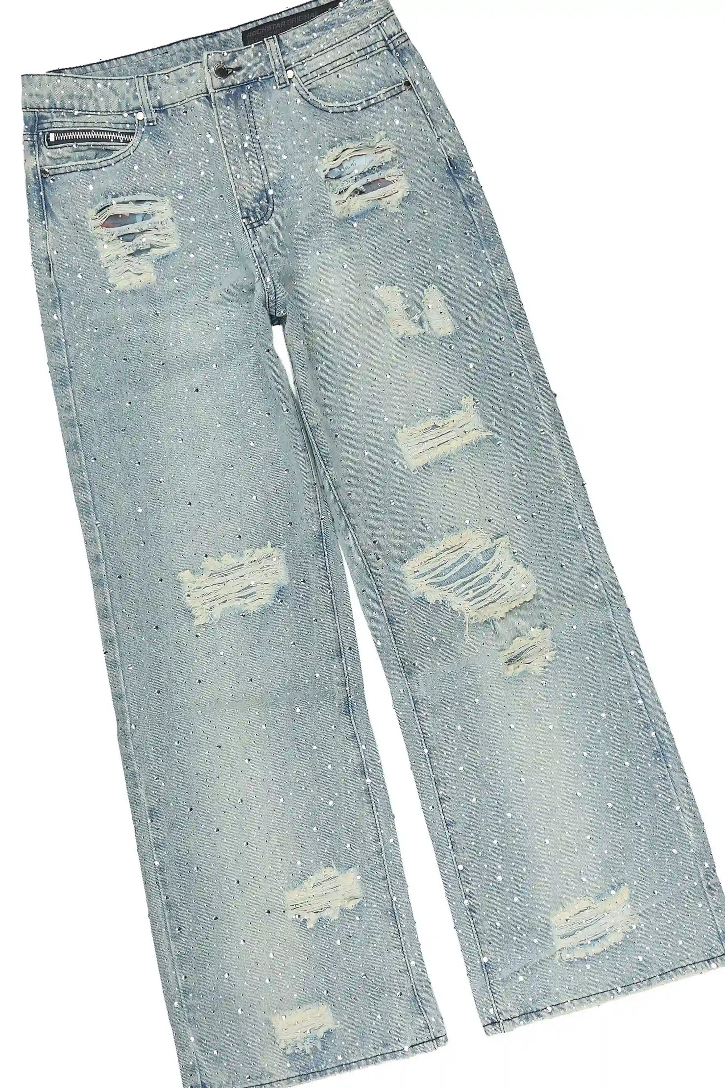 Discolite Tint Blue Rhinestone Denim Jacket/Baggy Jean Set