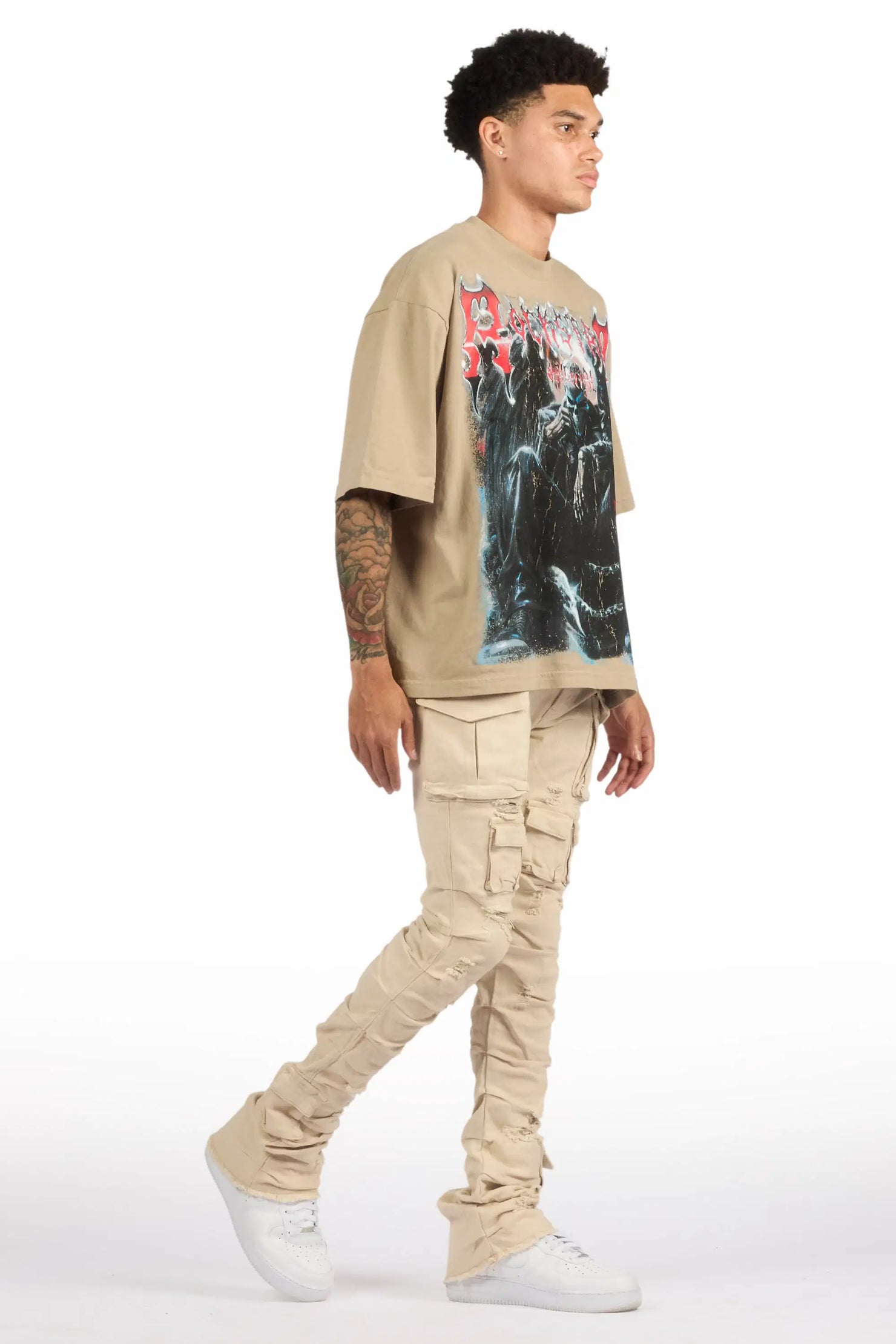 Gentry Light Beige Stacked Flare Jean