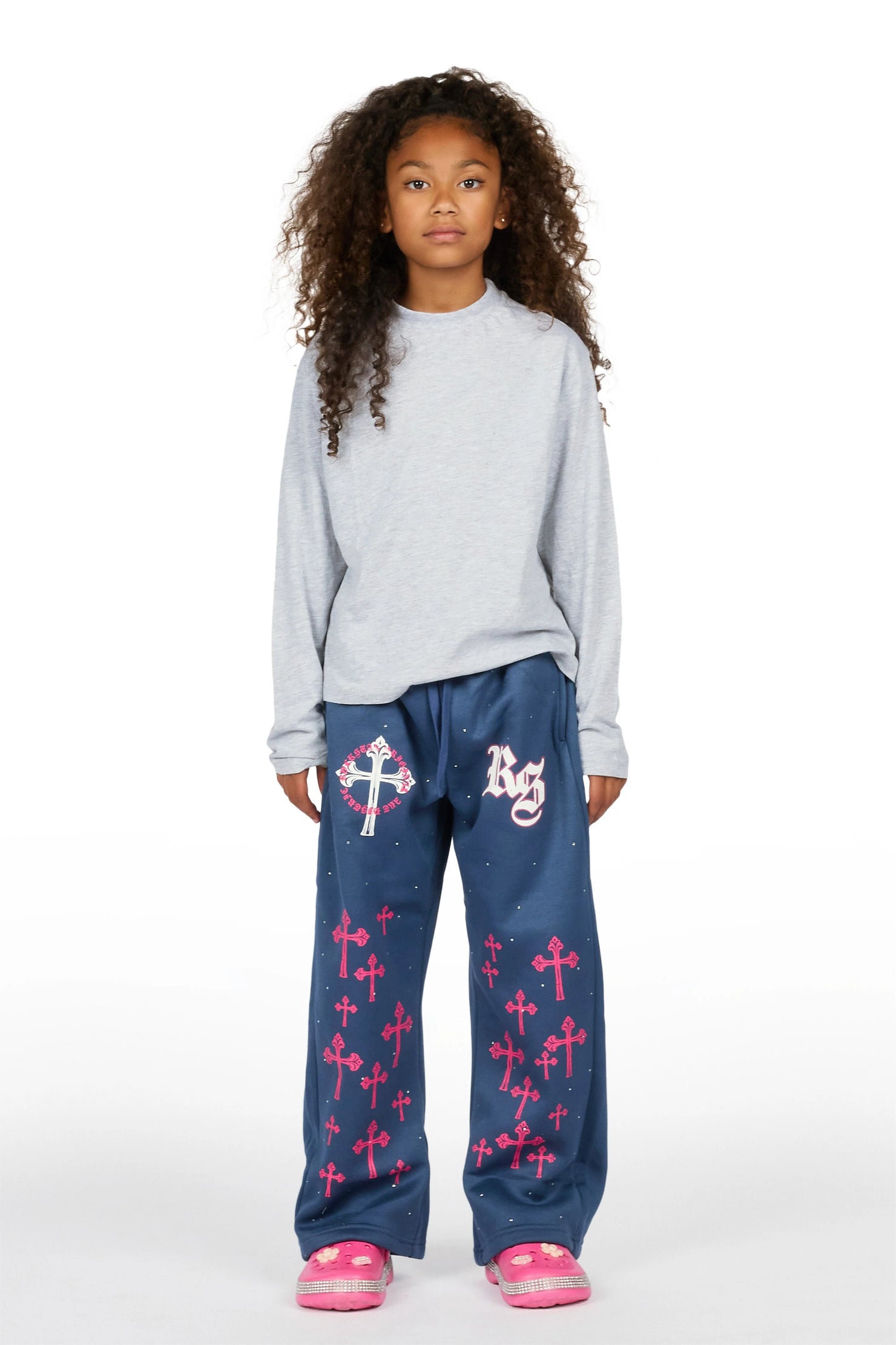 Girls Tonnea Navy Rhinestone Super Baggy Track Pant