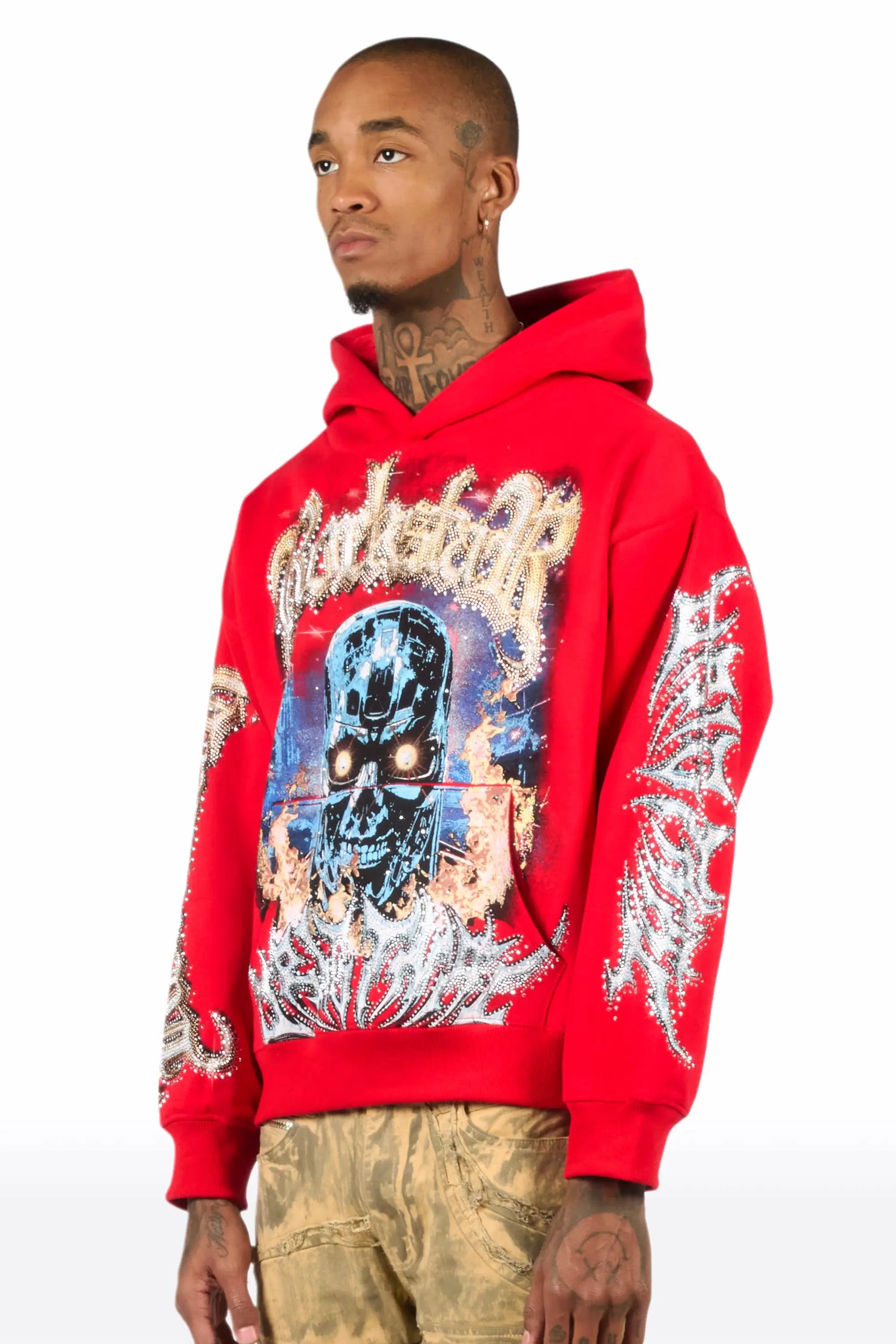 Mesin Red Rhinestone Oversized Hoodie
