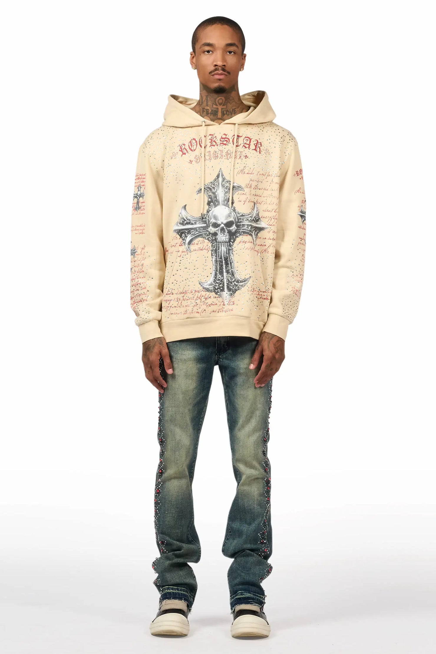 Ozi Rhinestone Tint Blue Stacked Flare Jean