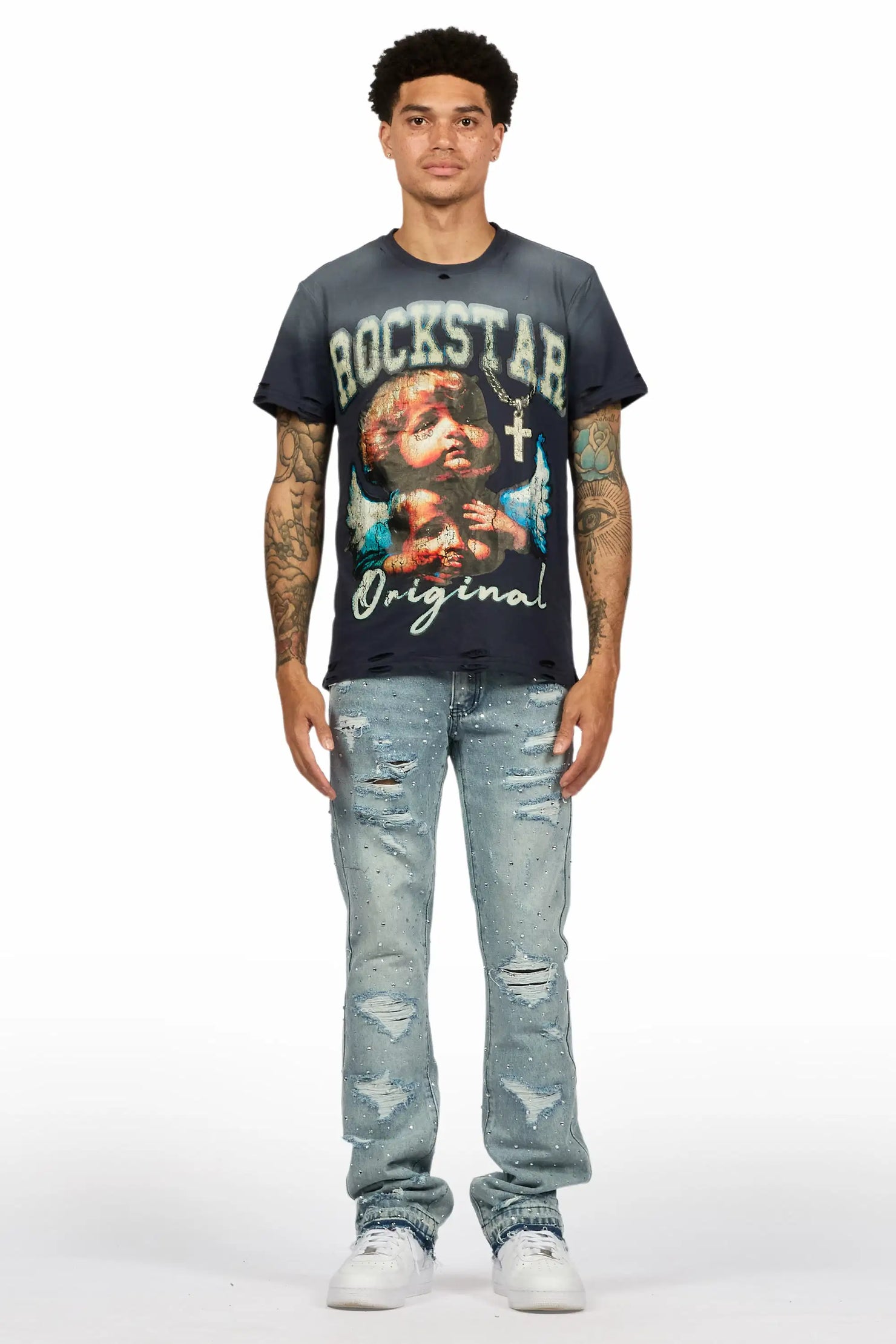 Stunt Blue Rhinestone Stacked Flare Jean