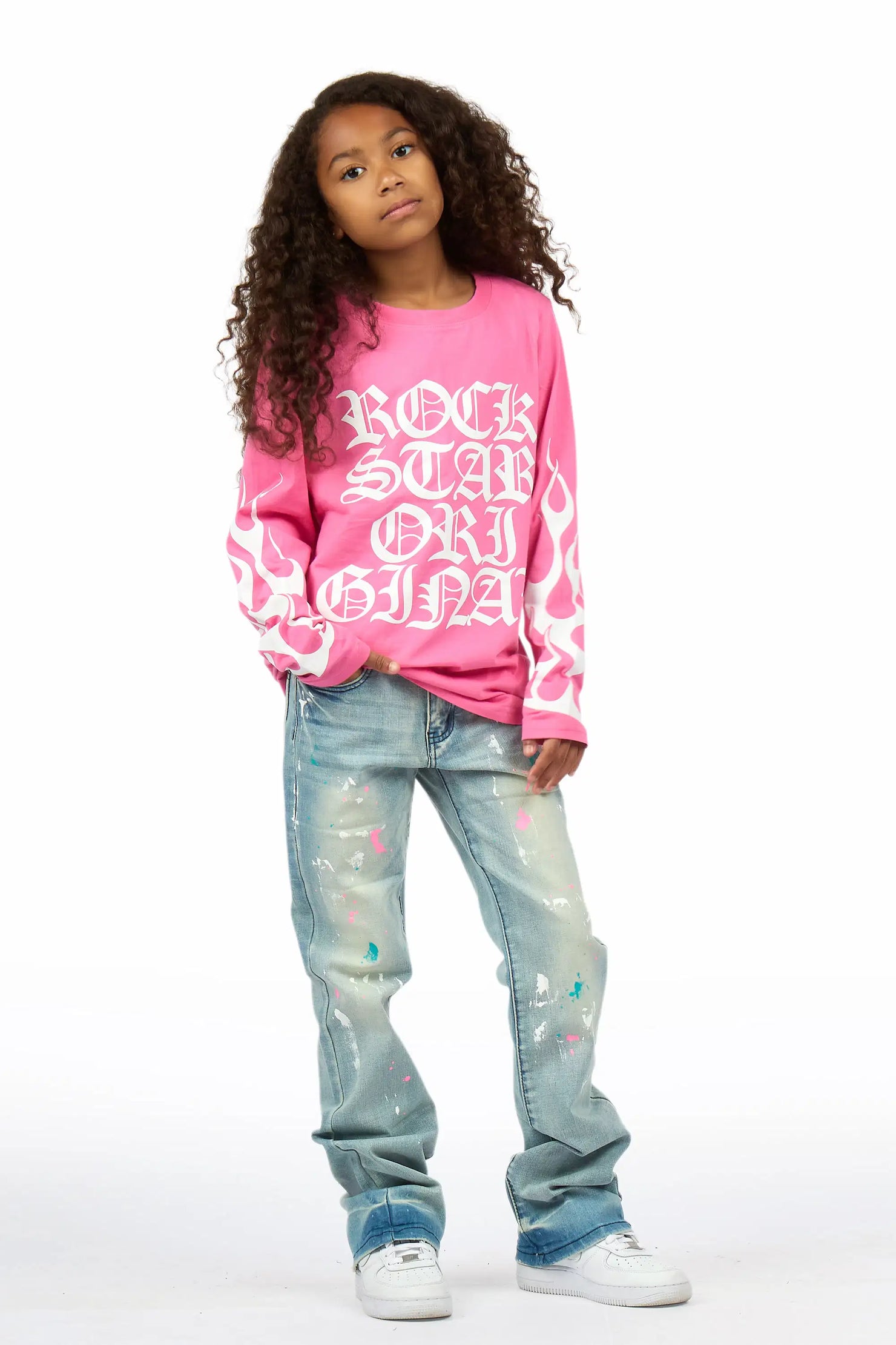 Girls Ariella Pink/Blue Long Sleeve T-Shirt Stacked Jean Set