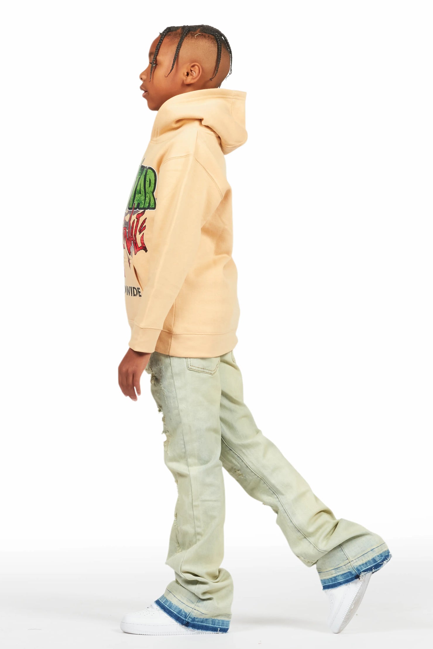 Boys Kait Beige Hoodie/Stacked Flare Jean Set