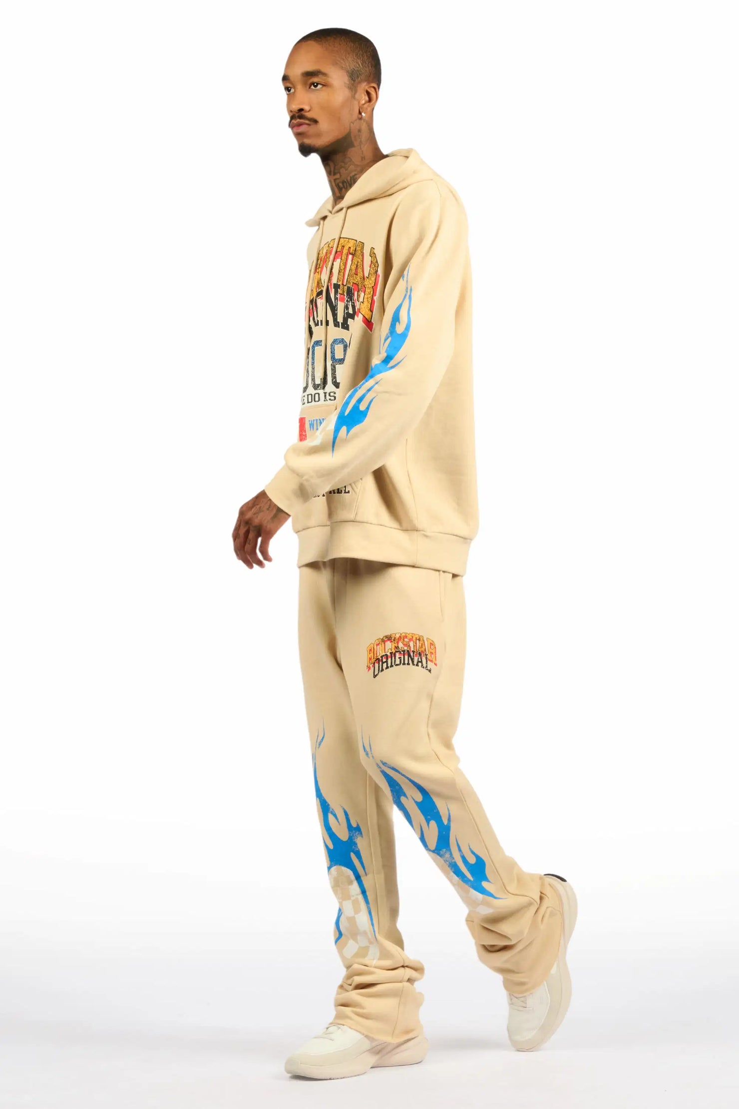 Colorful Race Beige Hoodie Stacked Track Set