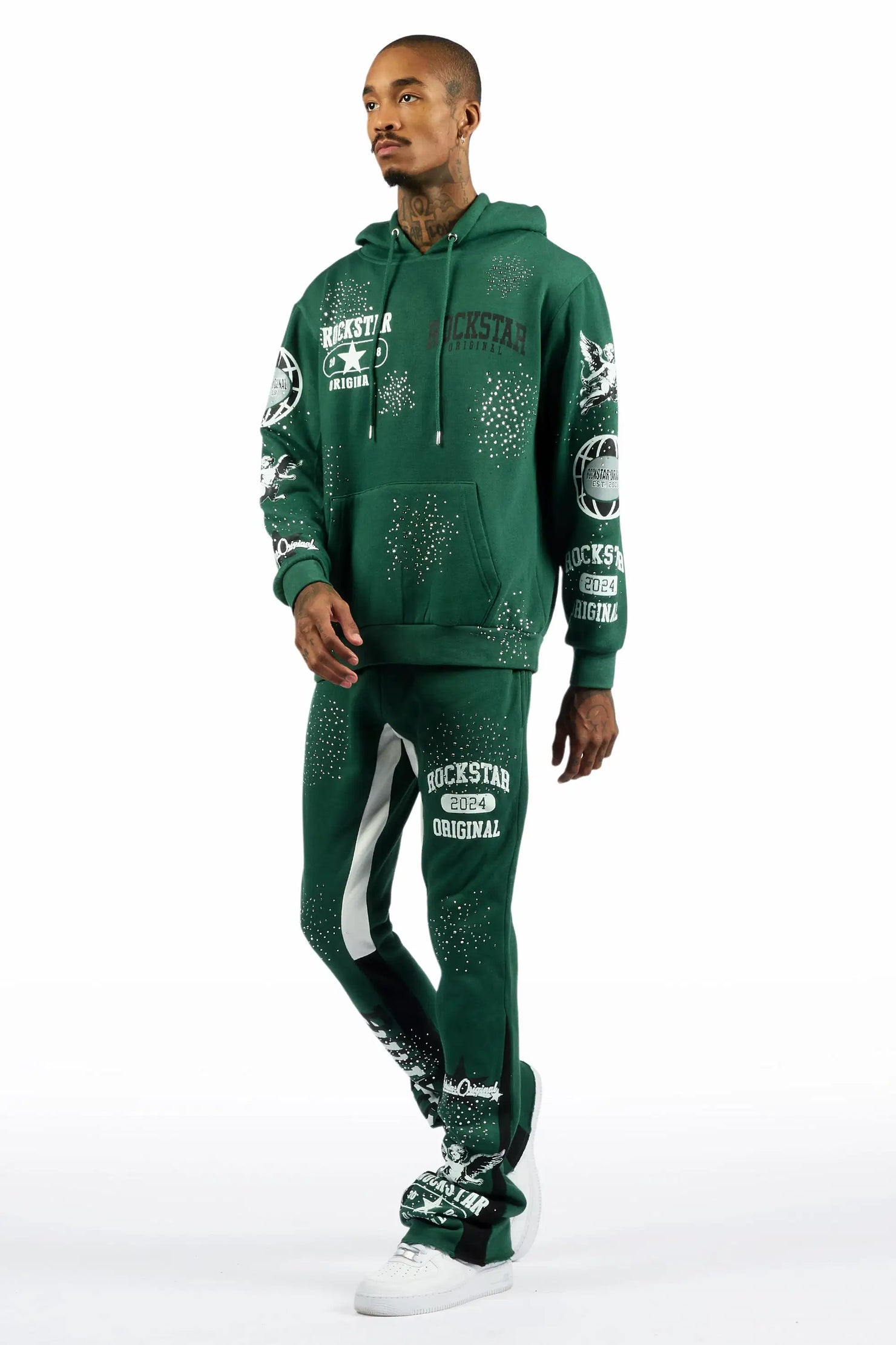 Gutta 2.0 Hunter Green Rhinestone Hoodie/Stacked Flare Track Set