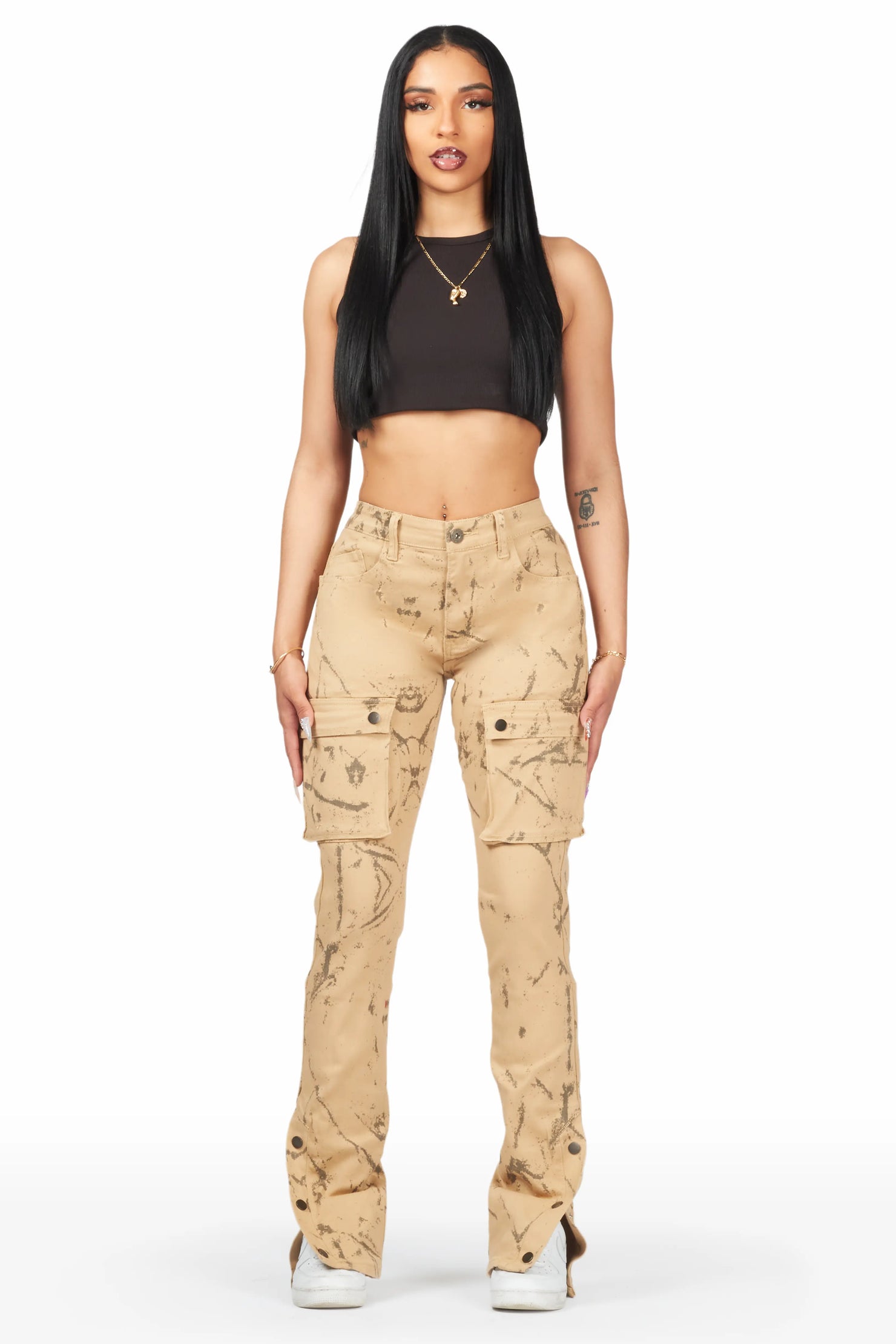 Shikira Tan Marble Stacked Flare Jean